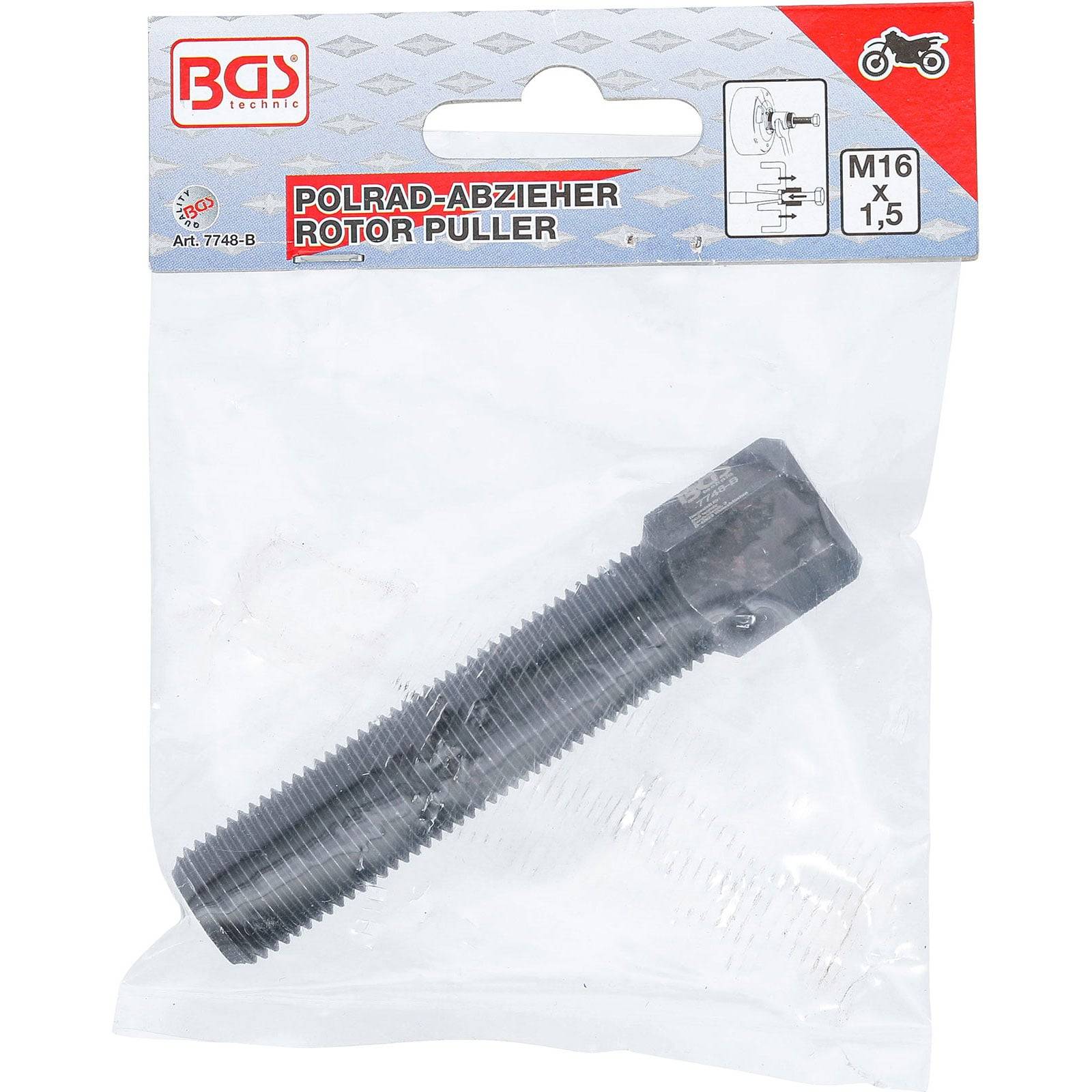 Ein Rotorausziehwerkzeug in der Verpackung mit der Beschriftung 'BGS Technic POLRAD-ABZIEHER ROTOR PULLER M16 x 1,5'.