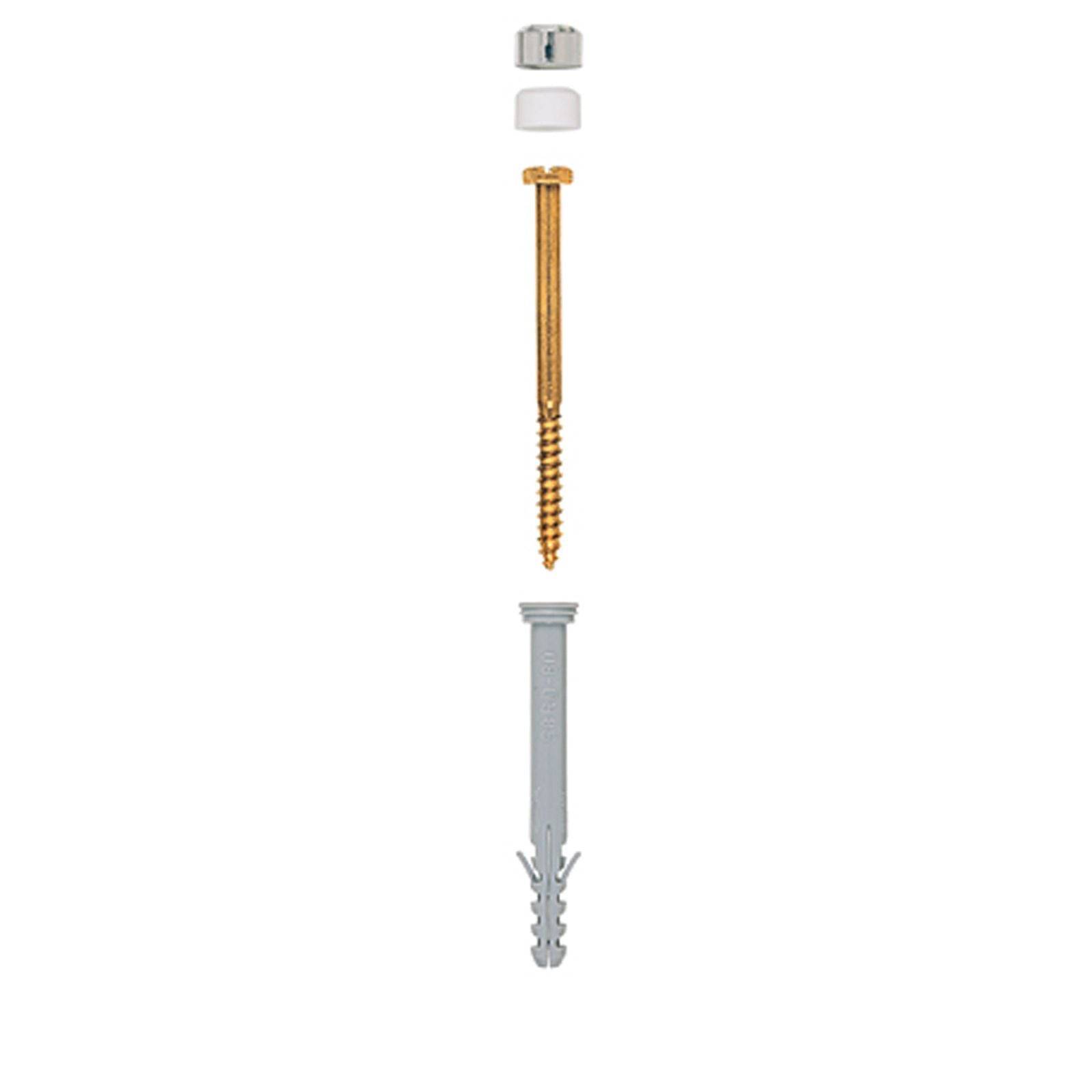 Ein Dübel mit einem eingeschraubten Schraube und einer Kappe, die vor der Installation in Ausrichtung gezeigt werden.