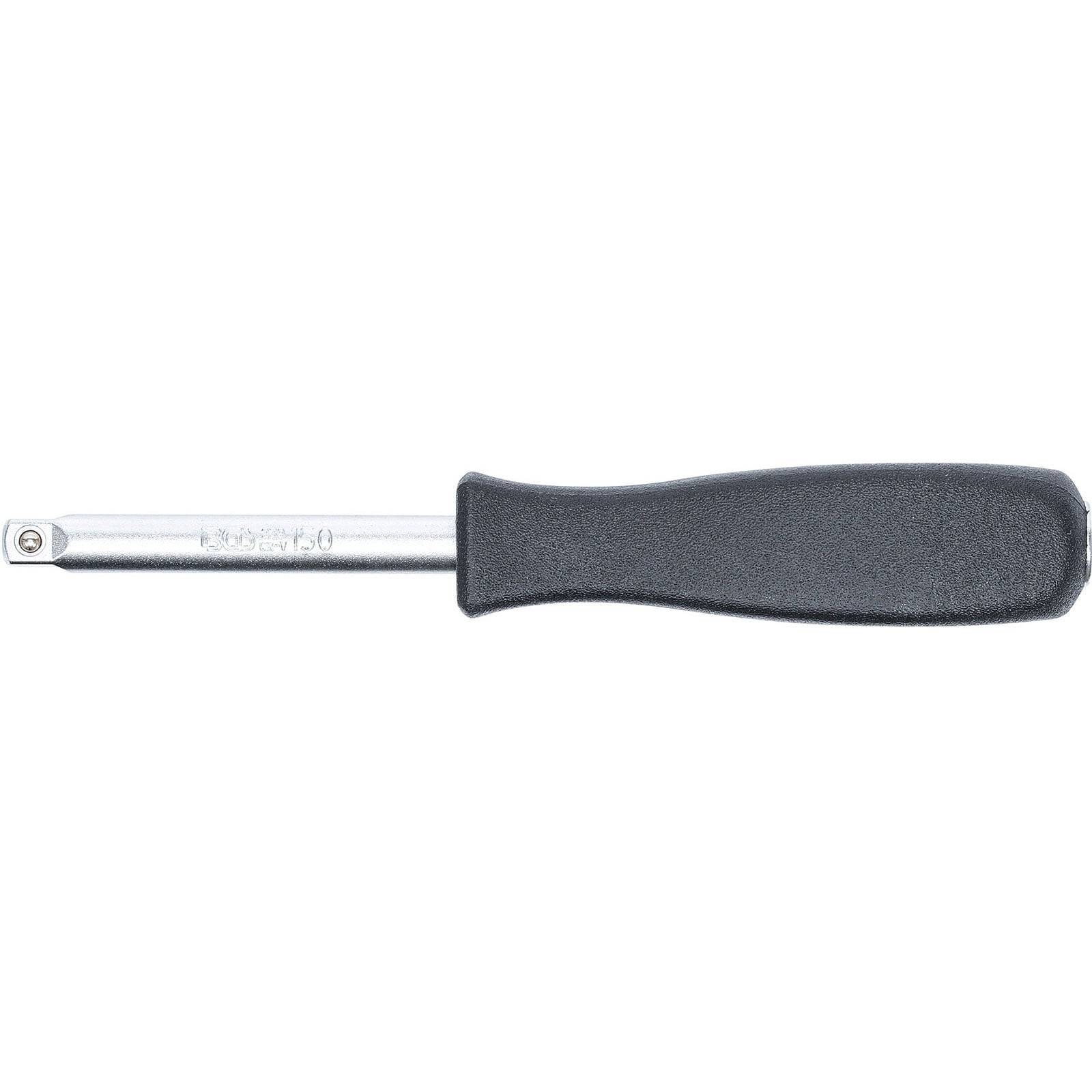 Ein manueller Inbusschlüssel mit einem schwarzen Kunststoffgriff und einer silbernen Metallfassung, der zum Drehen von Sechskantschrauben verwendet wird.