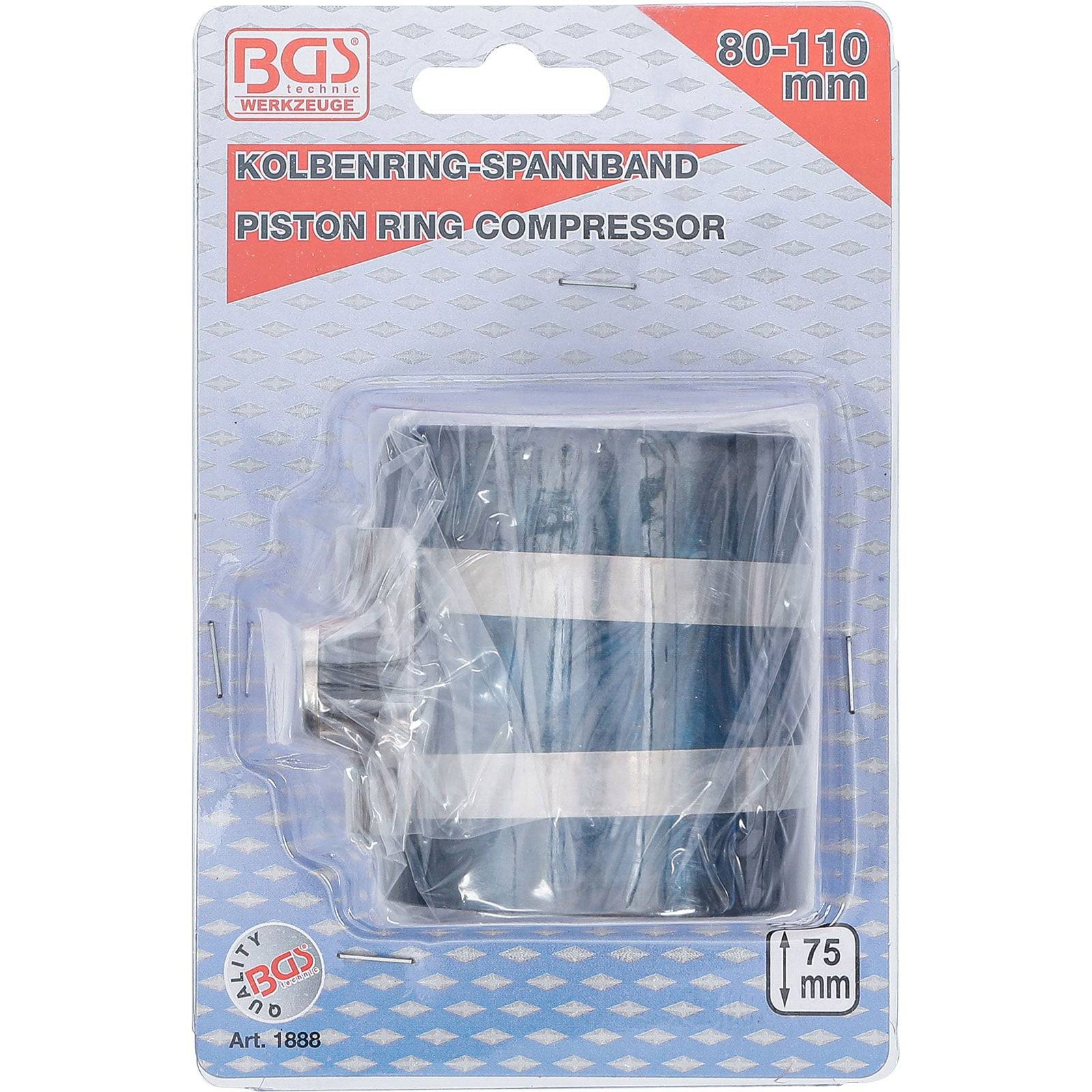 Kolbenring-Spannband in Verpackung mit Bezeichnung 'BGS Werkzeuge Kolbenring-Spannband', Größe 80-110 mm, mit blauem und silbernem Design.