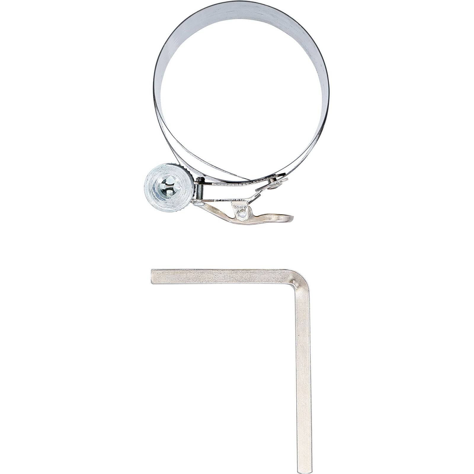 Eine Metallspannschelle mit Schraubspannsystem und L-förmigem Sechskantschlüssel, verwendet zum Befestigen von Rohren oder Schläuchen.