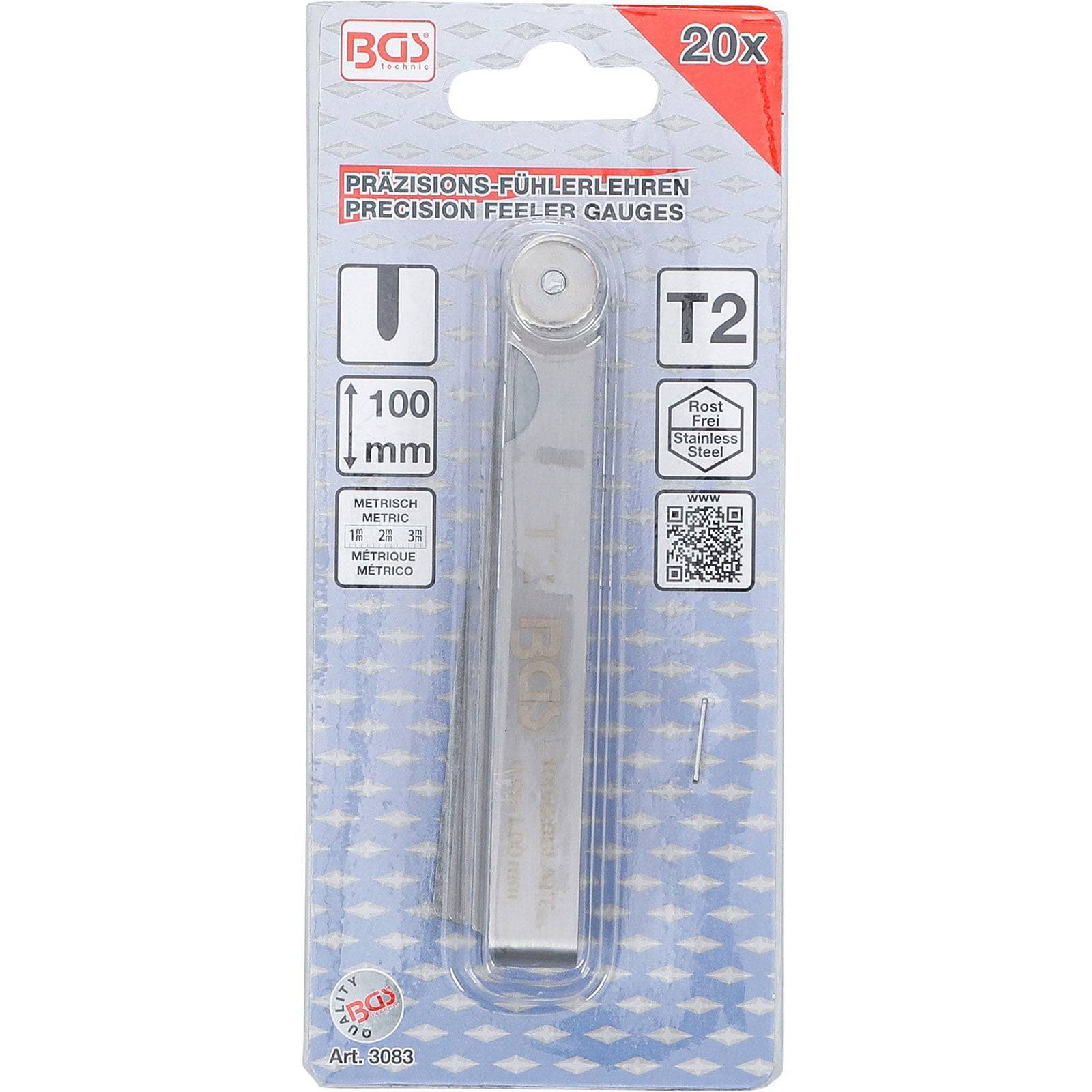 Paket mit BGS Präzisions-Fühlerlehren, Modell T2, enthält 20 Stück, 100 mm Länge, aus Edelstahl.