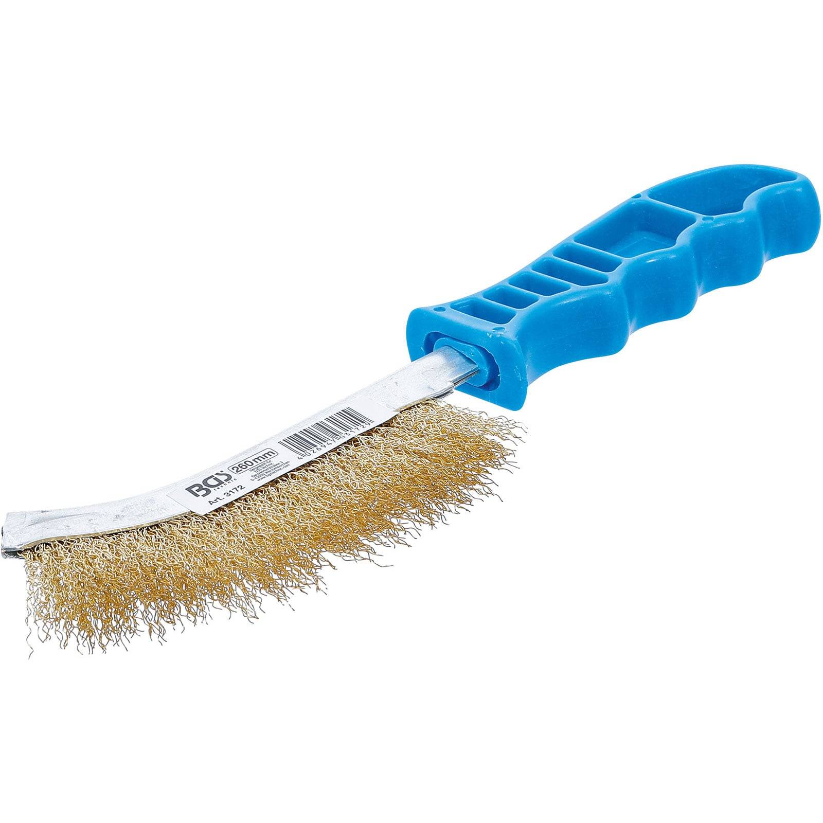 Eine Drahtbürste mit goldenen Borsten und einem blauen Plastikgriff, die häufig zum Reinigen von Oberflächen verwendet wird, um Rost oder Farbe zu entfernen.