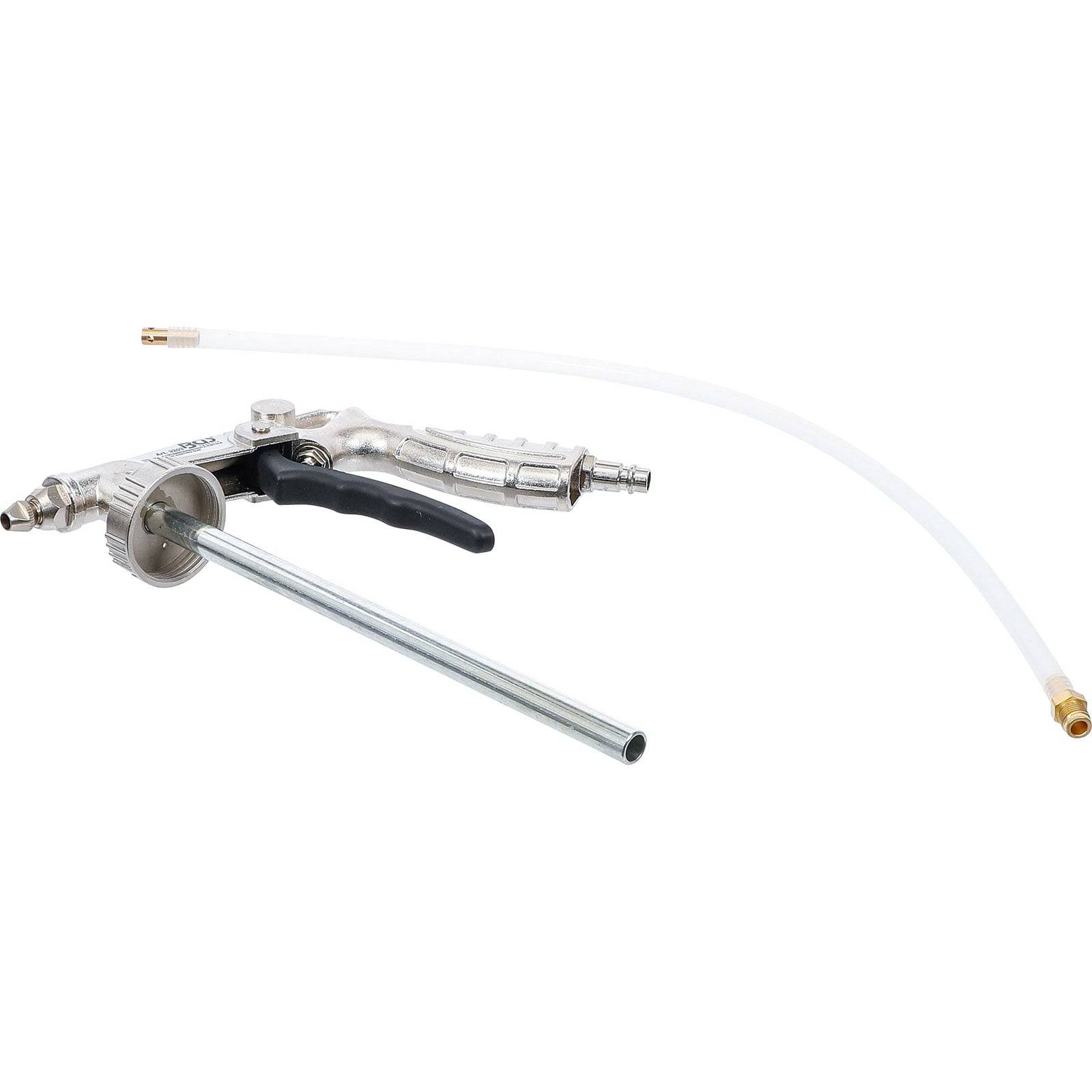 Eine Metallöl-Ausgabepistole mit langem Ausguss und angeschlossenem flexiblem Schlauch, die zur Anwendung von Flüssigkeiten in mechanischen oder automobilen Bereichen verwendet wird.