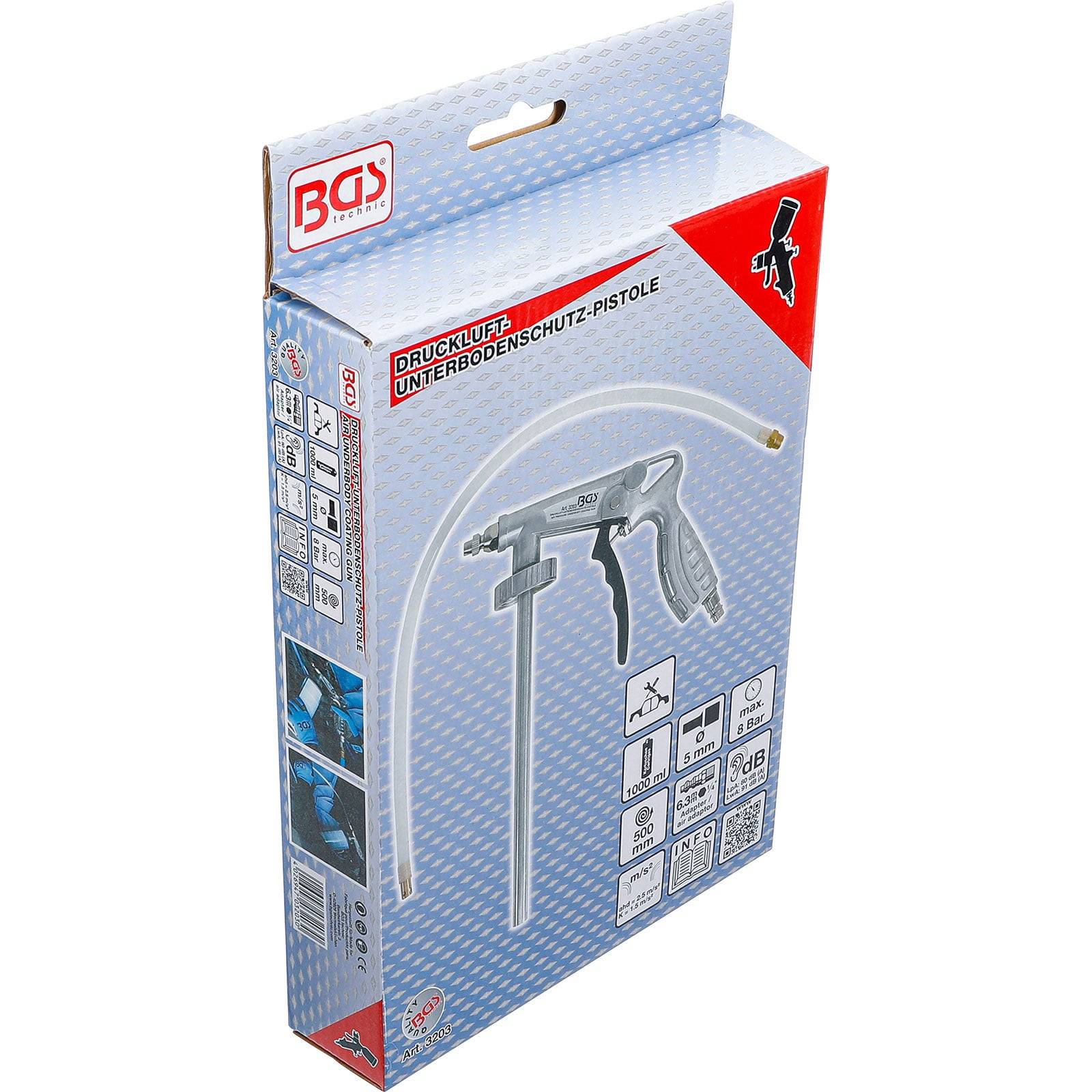 BGS technic Druckluft Unterbodenschutz-Pistole Verpackung zeigt eine Druckluft-Unterbodenschutz-Pistole mit Schlauch, Aufsatz und Diagrammen.
