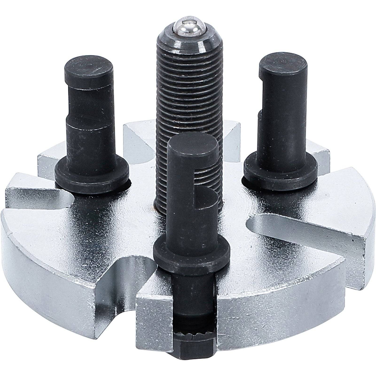 Ein Metall-Radnabenzieher mit Bolzen und einer zentralen Gewindestange, der zum Entfernen von Radnaben von Achsen und zur Erleichterung der Fahrzeugwartung verwendet wird.
