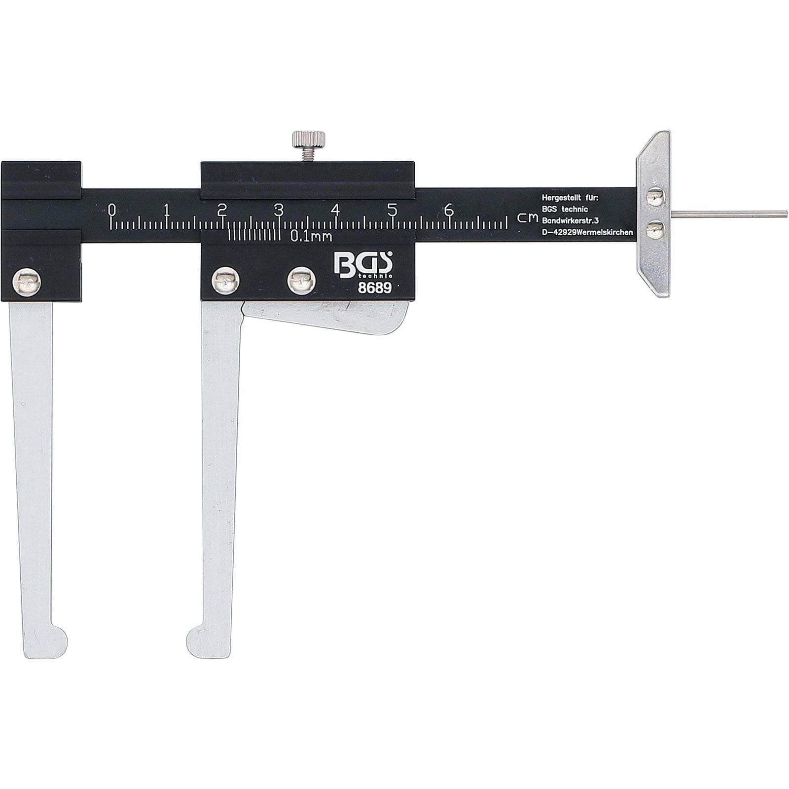 Eine schwarze und silberne Schieblehre mit einer Skala in Zentimetern und Millimetern, die für präzise Messungen konzipiert ist.