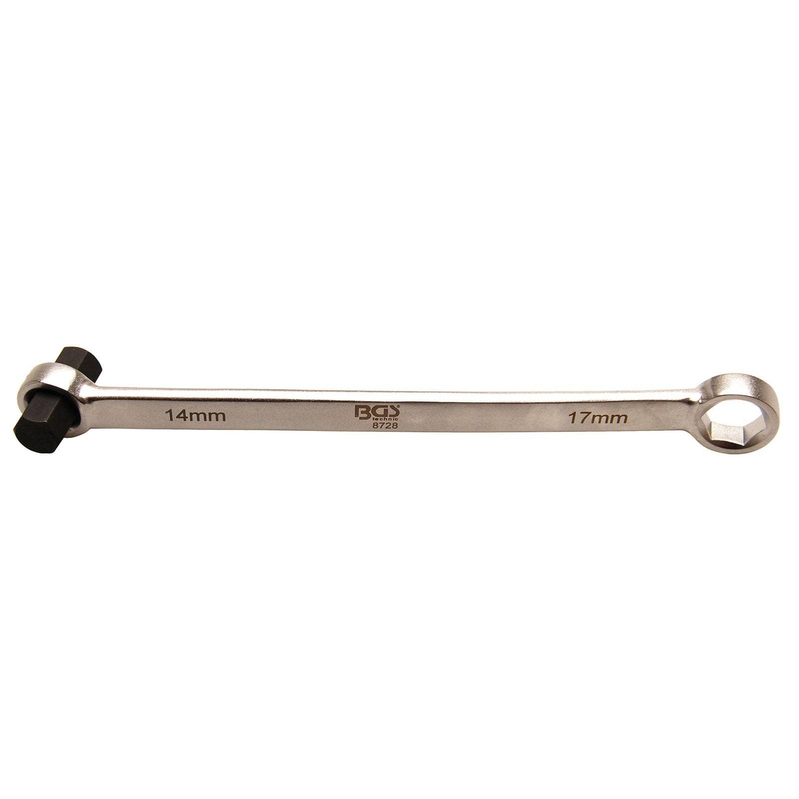 Ein Schraubschlüssel aus Metall mit zwei Enden - einem offenen und einem geschlossenen Ende - beschriftet mit '14mm' links und '17mm' rechts, vor einem weißen Hintergrund.