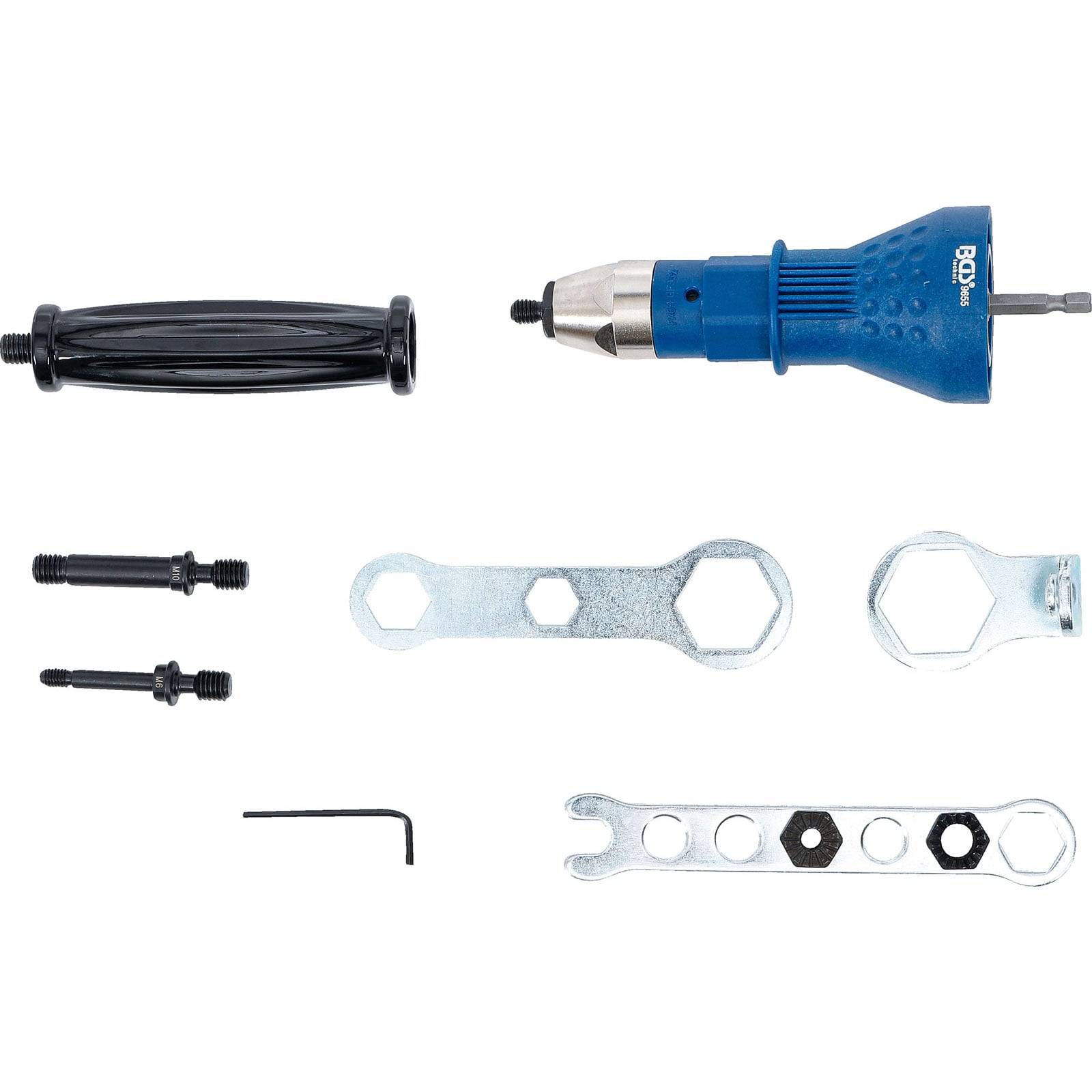 Eine Fahrradlenkerkopflagerdruckpresse zerlegt, die ihre Komponenten zeigt: einen blauen Griff, einen schwarzen Griff, zwei Schrauben, mehrere Schraubenschlüssel und einen Inbusschlüssel.