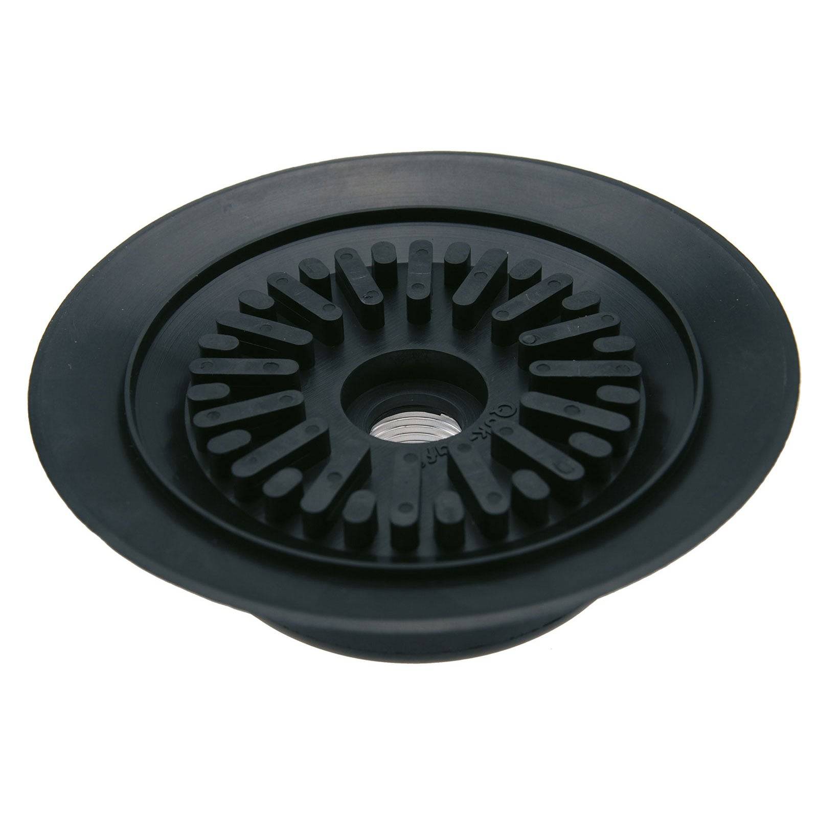 Ein schwarzer Gummistopfen für Abflüsse mit kreisförmigem Design, der radial angeordnete erhabene Lamellen um eine zentrale Metallschraube herum aufweist.