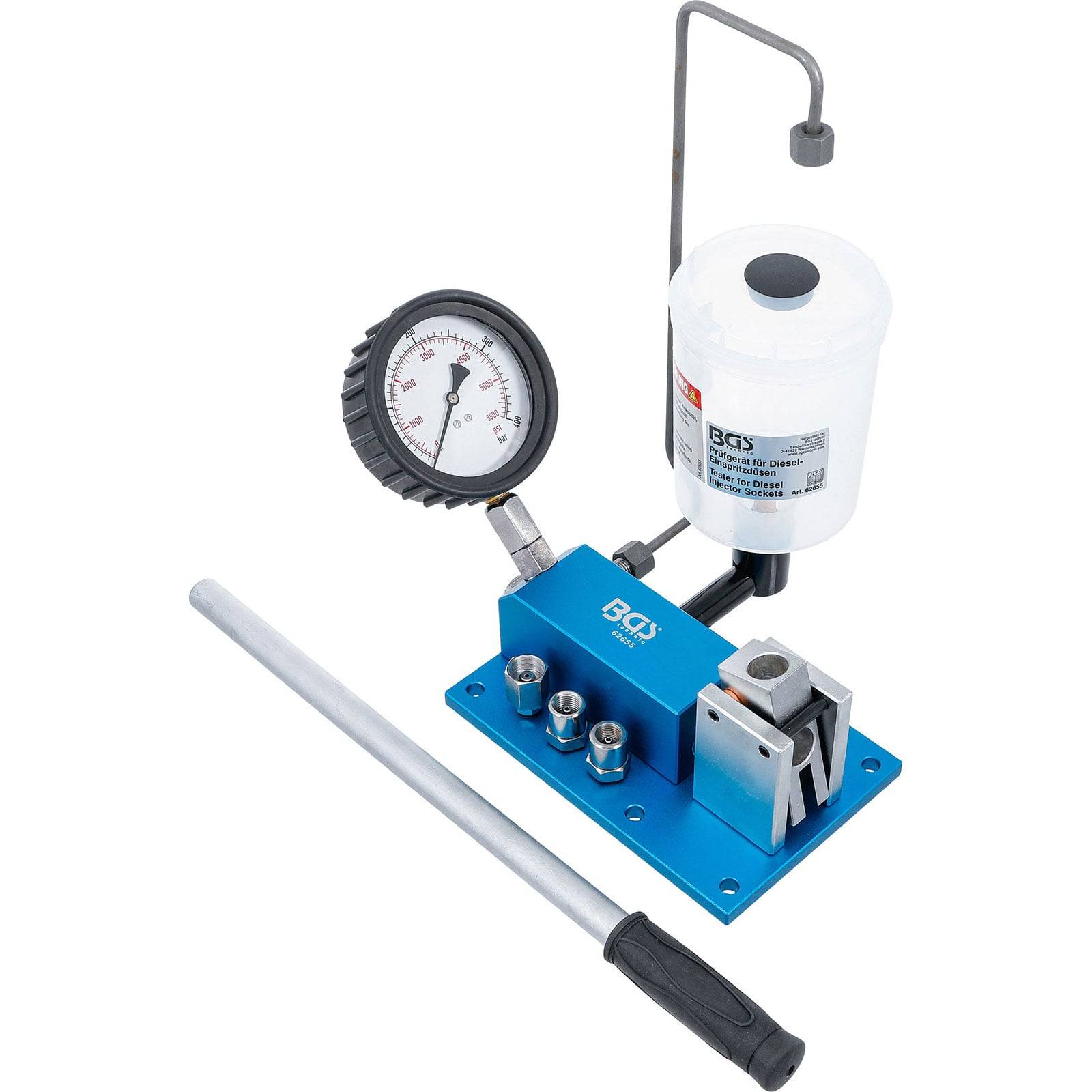 Ein hydraulischer Druckprüfset mit Manometer, Flüssigkeitsbehälter und Griff zur Messung des BremsSystemdrucks.