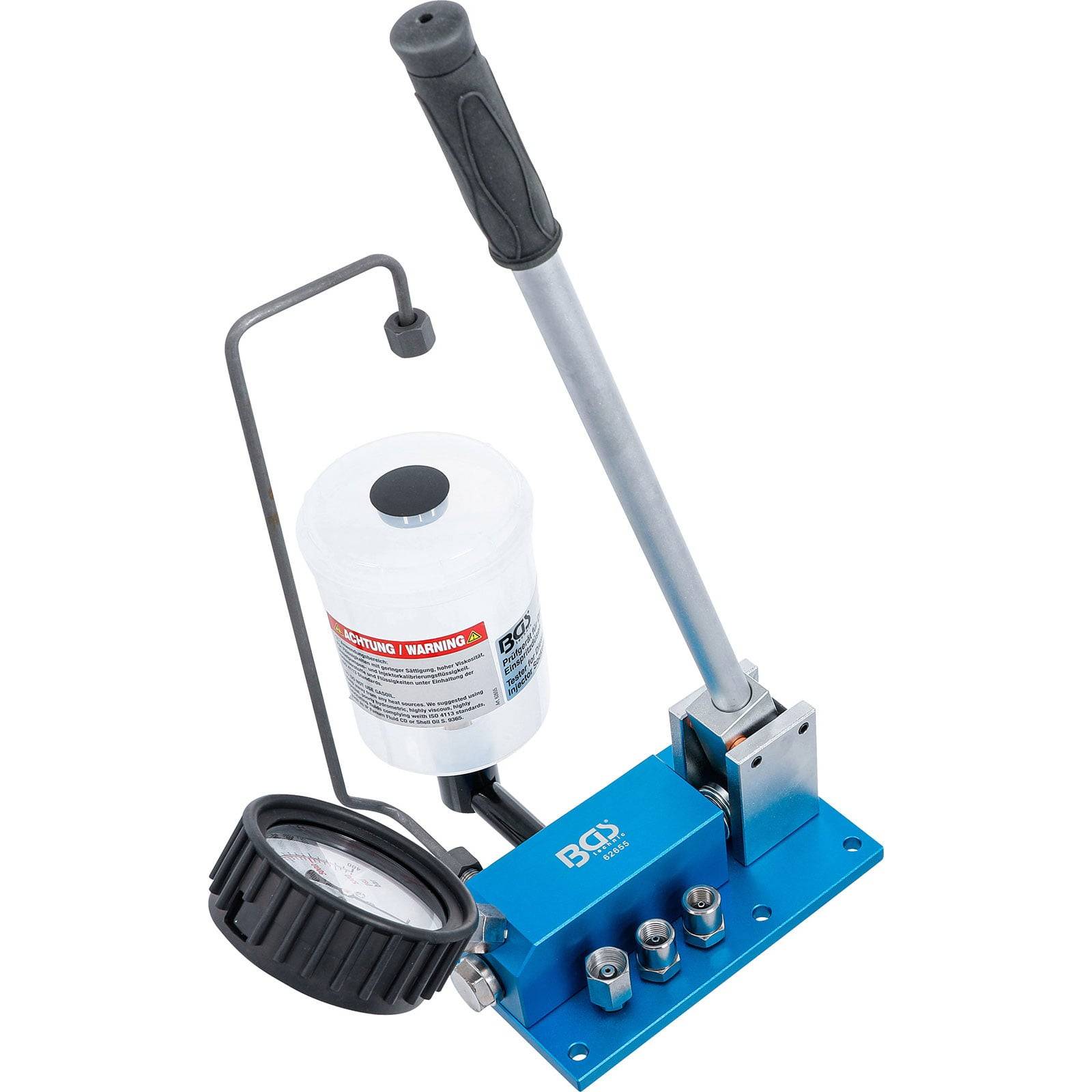 Eine Hydraulikpumpe mit einem Manometer und einem nach oben gerichteten Griff. Die Basis ist blau mit drei Metallverbindern und Schläuchen.