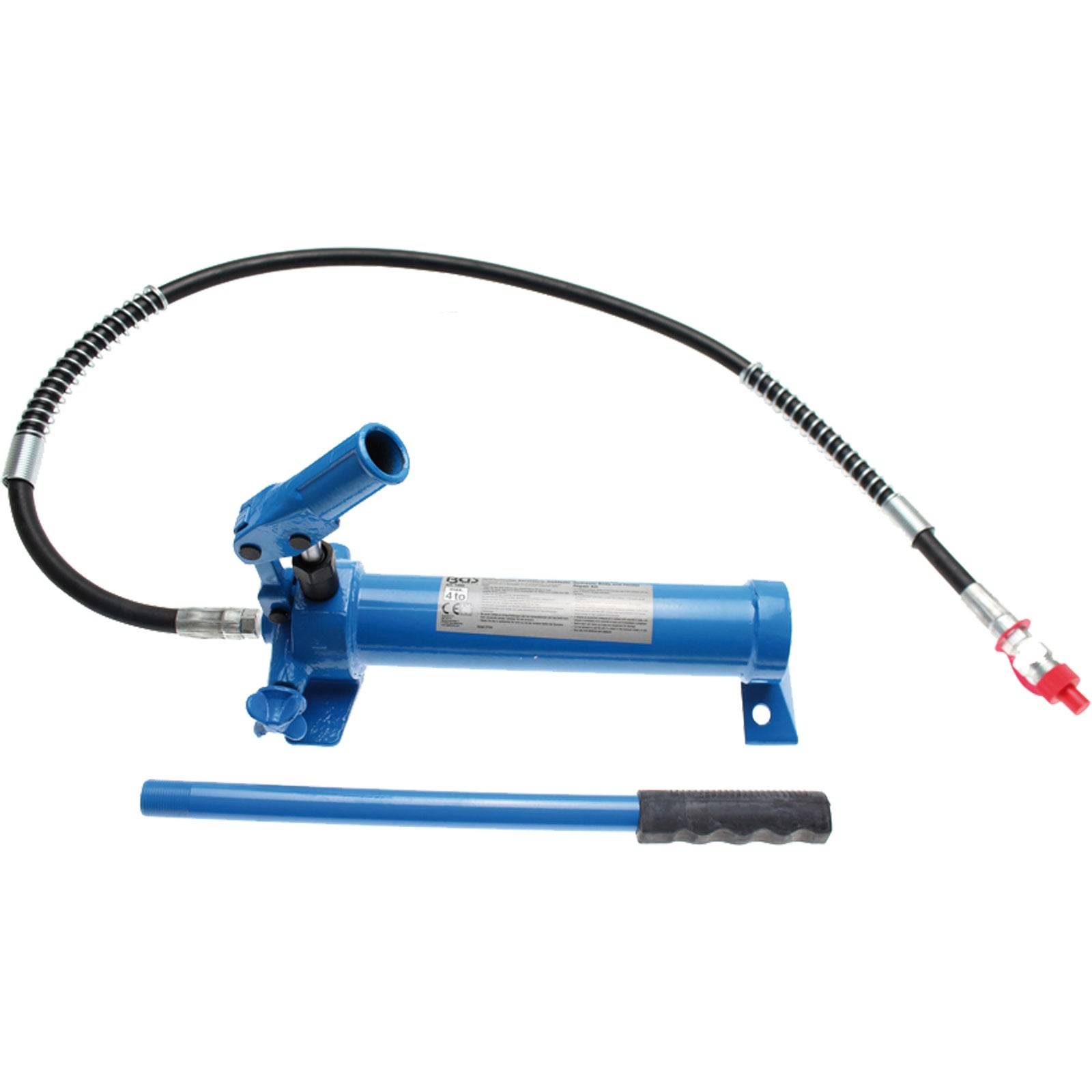 Blauer hydraulischer Pumphebel mit Schlauch, verwendet zum Anheben schwerer Objekte. Geeignet für automotive oder industrielle Anwendungen.