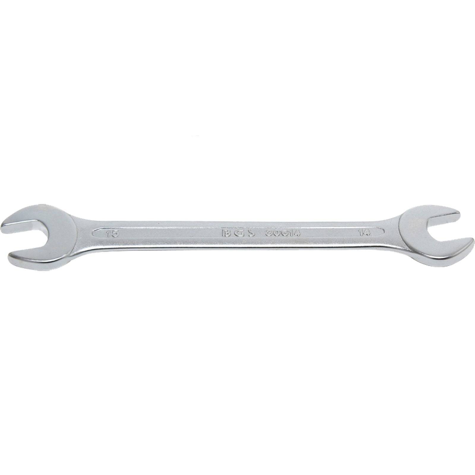 Ein Schraubschlüssel aus Metall mit zwei unterschiedlich großen Enden.