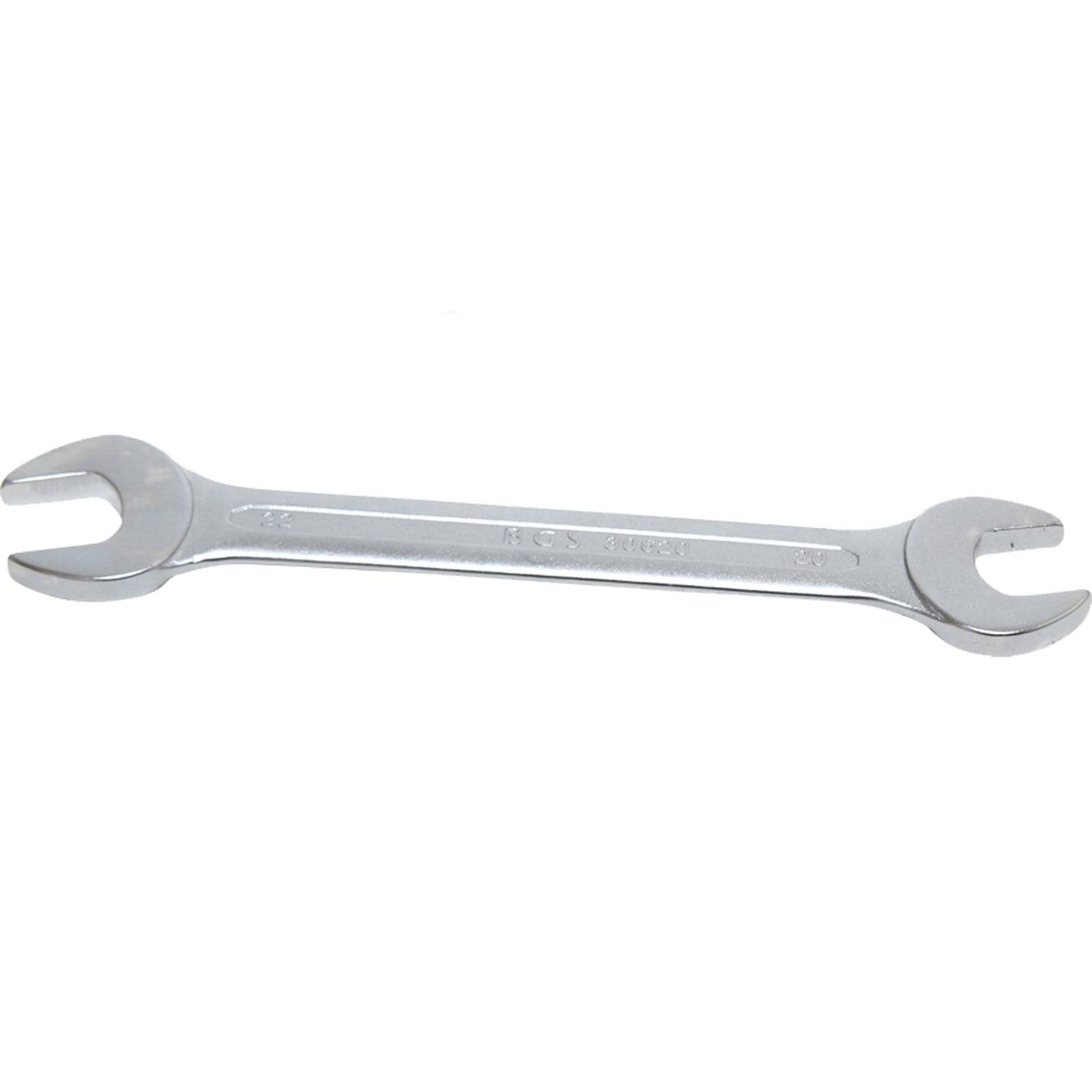 Ein beidseitiger Metallschlüssel mit offenen Maulelementen an beiden Enden, der üblicherweise zum Drehen von Muttern und Schrauben verwendet wird.