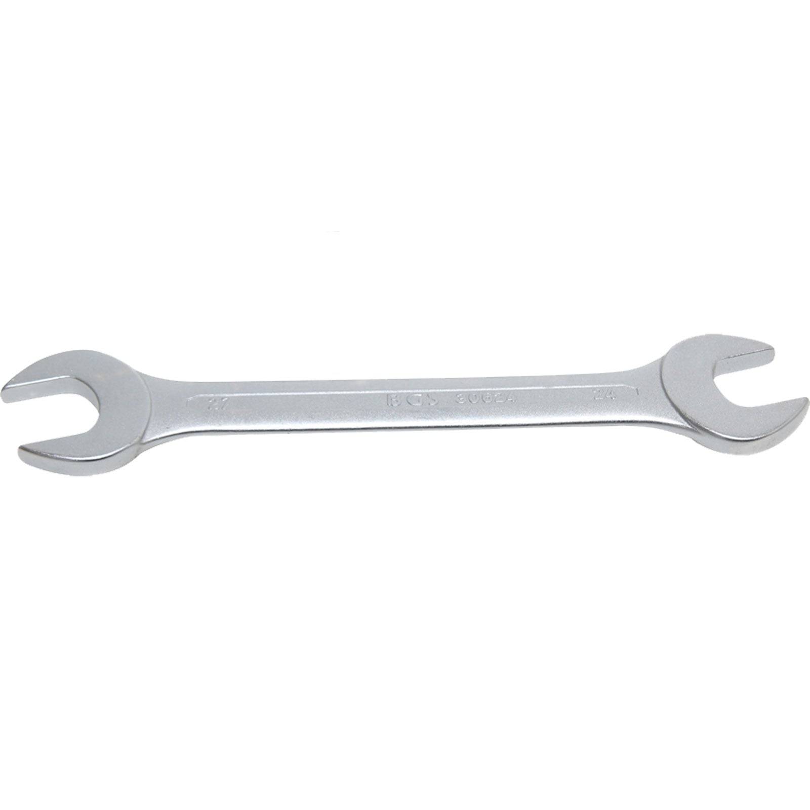 Ein silberner doppelseitiger Ringschlüssel auf einem weißen Hintergrund.