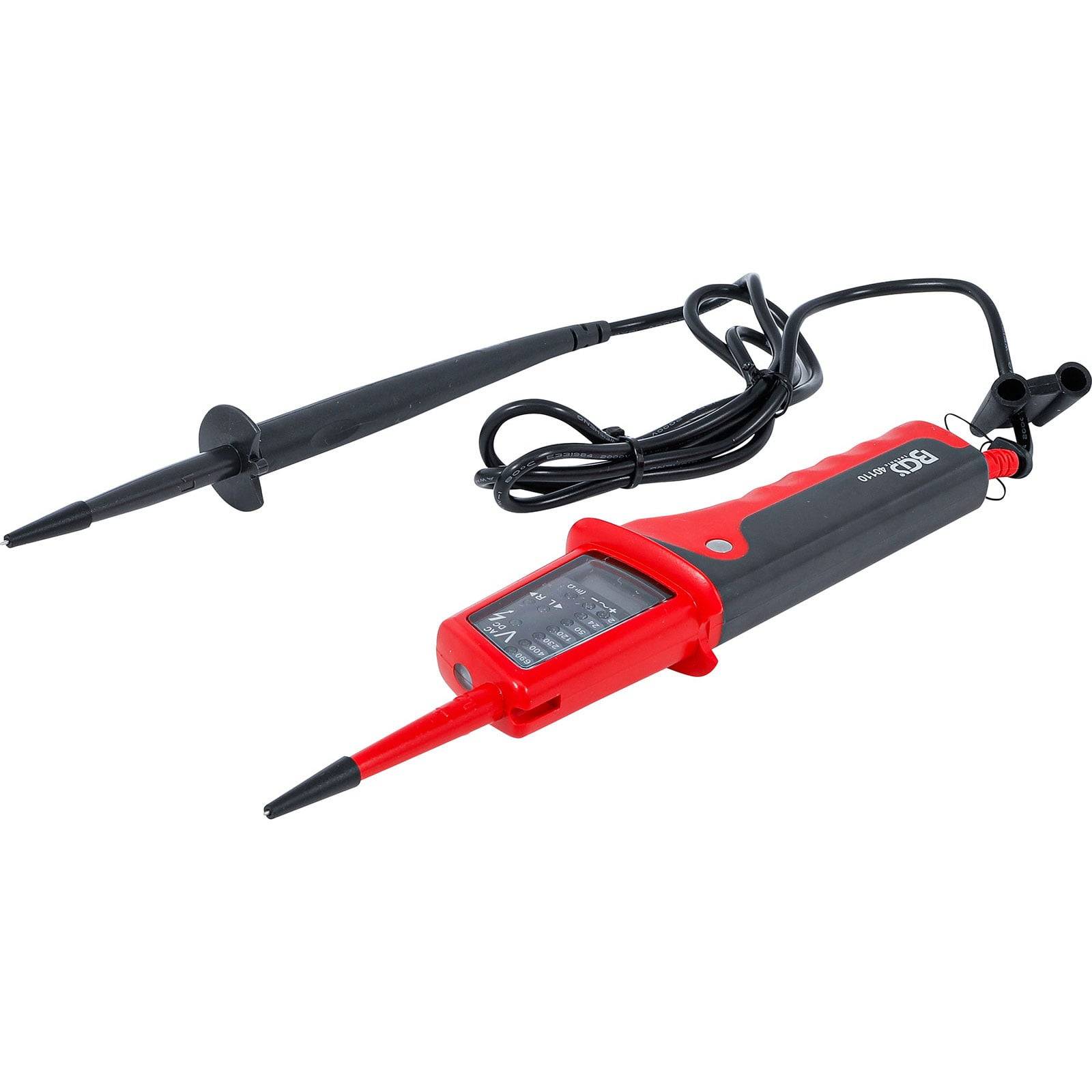 Ein rot-schwarzer elektrischer Spannungsprüfer mit Doppelelektroden und digitaler Anzeige, verwendet zum Überprüfen von elektrischen Schaltkreisen oder Steckdosen.