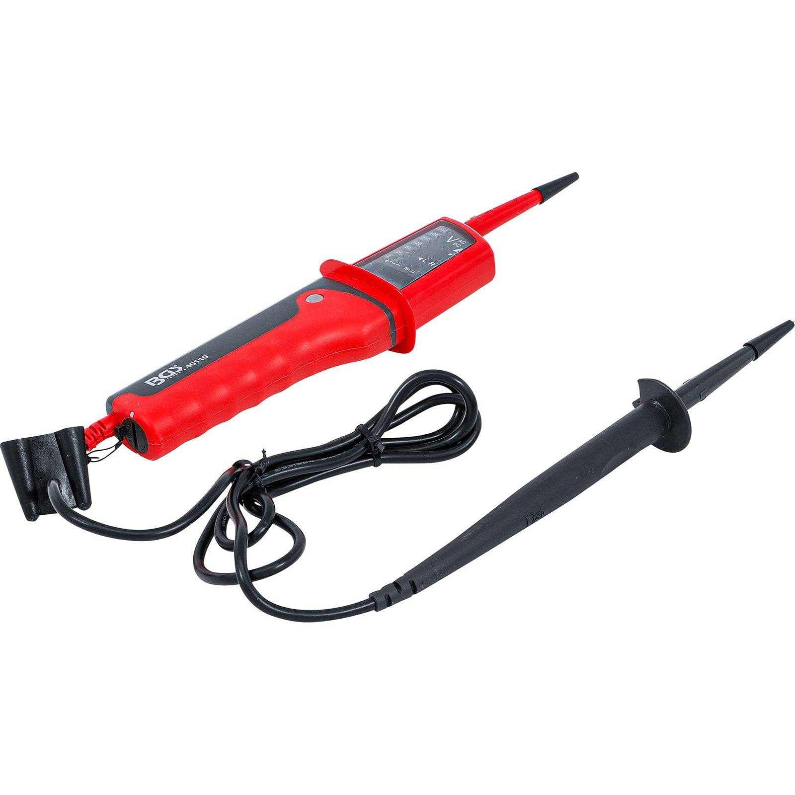 Ein rot-schwarzer Spannungsprüfer mit zwei Messspitzen und einem Verbindungskabel, der zur Messung elektrischer Stromstärke verwendet wird.