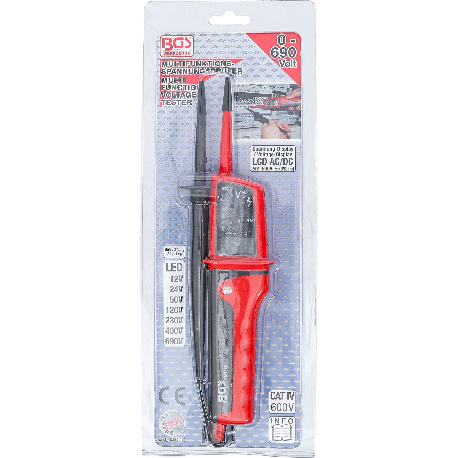 Spannungsprüfer in Verpackung, beschriftet als ‚Multifunktionaler Spannungsprüfer', geeignet für AC/DC, mit LED-Anzeigen für verschiedene Spannungen.