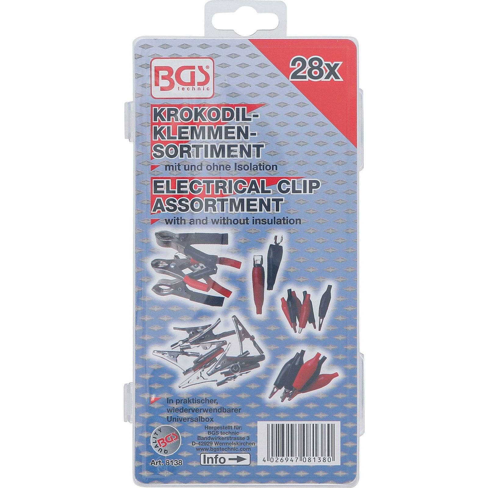 Elektrische Klemmschuh-Sortiment, 28 Stück, mit und ohne Isolierung, Marke BGS. Abbildung zeigt verschiedene Arten von Metallklips.