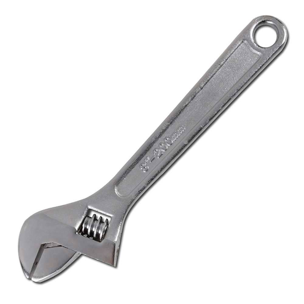 Ein silberner verstellbarer Schraubenschlüssel mit einem Loch am Ende des Griffes, der zum Greifen und Drehen von Schrauben und Muttern verwendet wird.