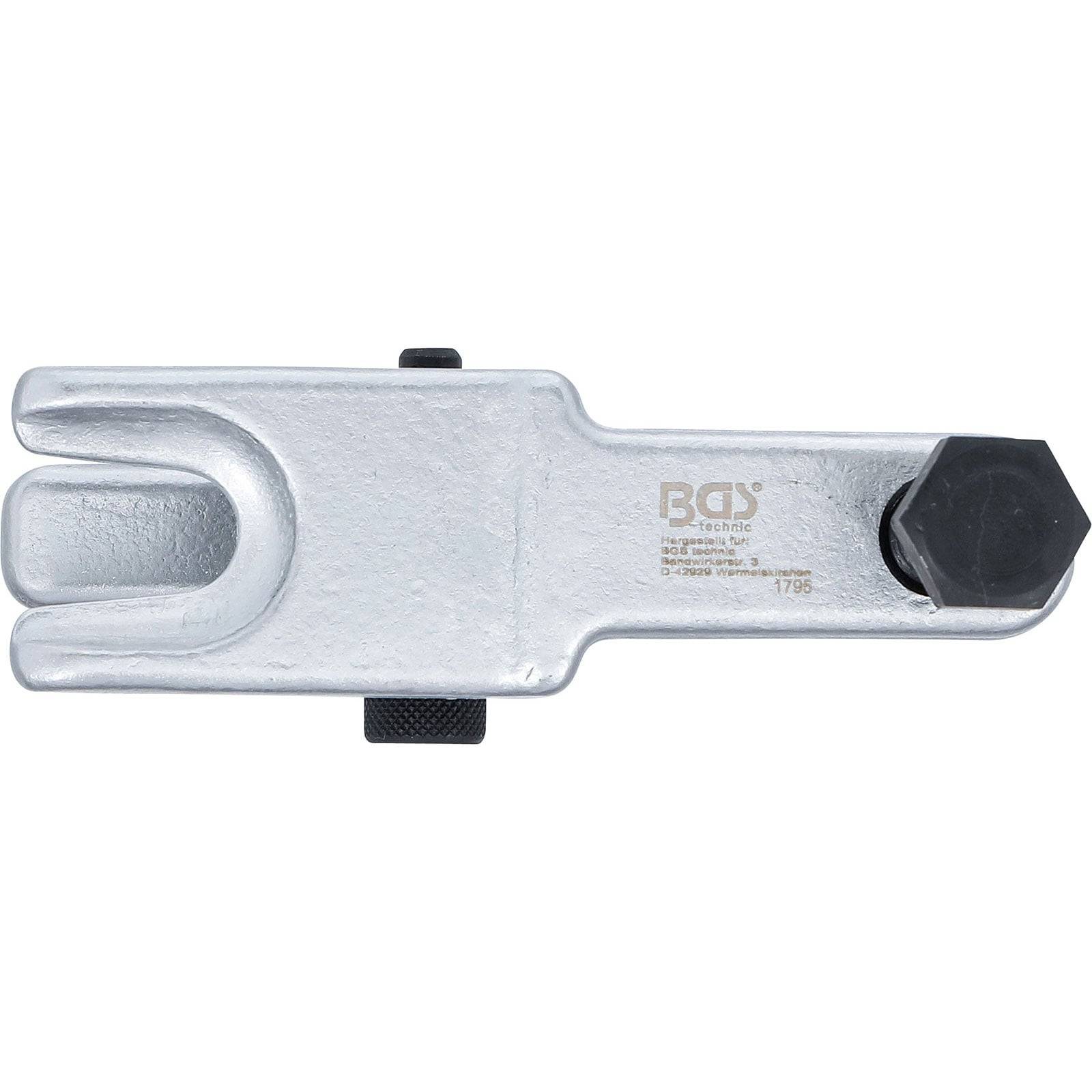 Ein metallischer silberner hydraulischer Kugelgelenk-Trennwerkzeug mit einem sechskantigen Bolzen, der zum Trennen von Kugelgelenken in Fahrzeugen verwendet wird.