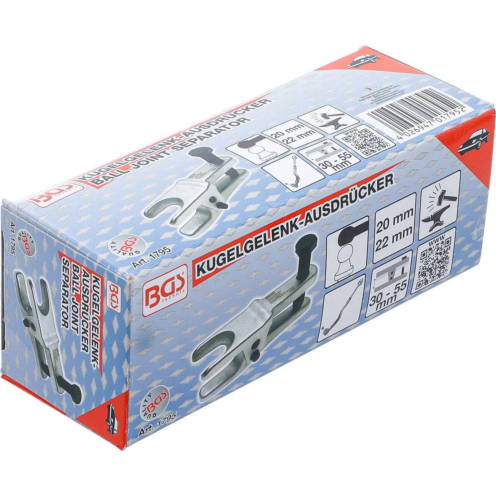 Verpackung eines Kugelgelenk-Trennwerkzeugs mit Produktabmessungen (20 mm, 22 mm, 30 mm-55 mm) und Illustrationen zur Anwendung des Werkzeugs.