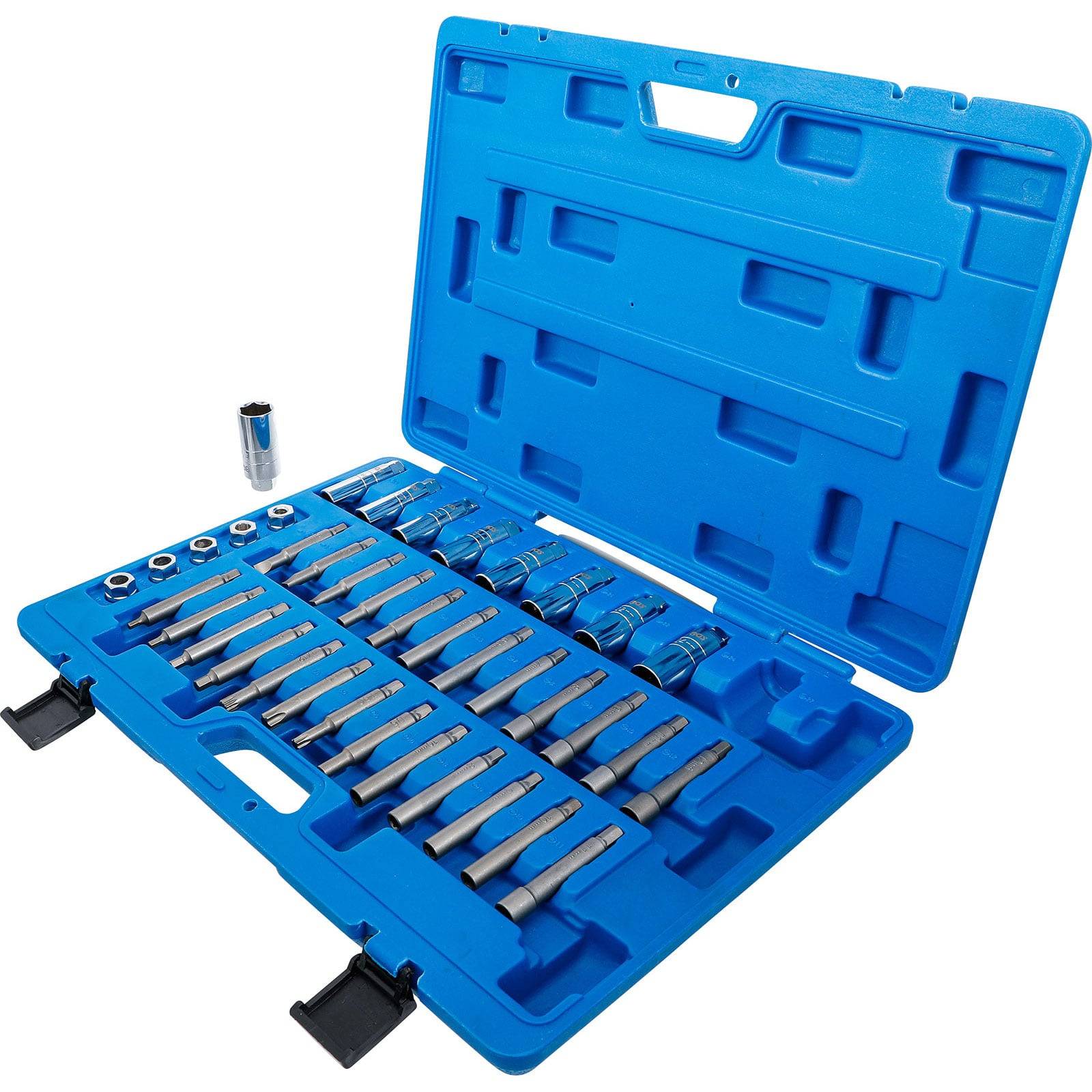 Ein blauer Kunststoffkasten mit einem Satz Steckschlüsseln und Aufsätzen, die in Nuten angeordnet sind zur organisierten Lagerung.