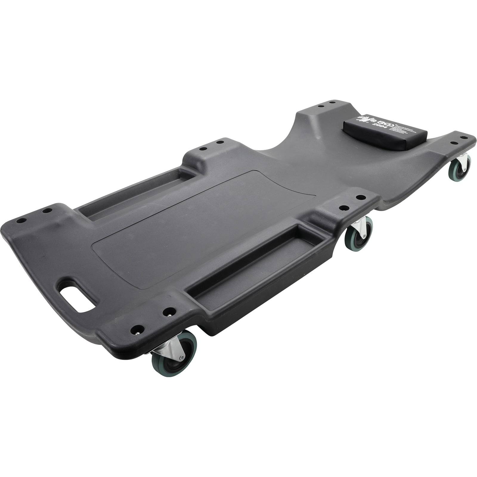 Eine schwarze Mechaniker-Rollbrett mit vier Rollen und gepolsterter Kopfstütze, entwickelt zum Unterfahren von Fahrzeugen für Reparaturen oder Inspektionen.