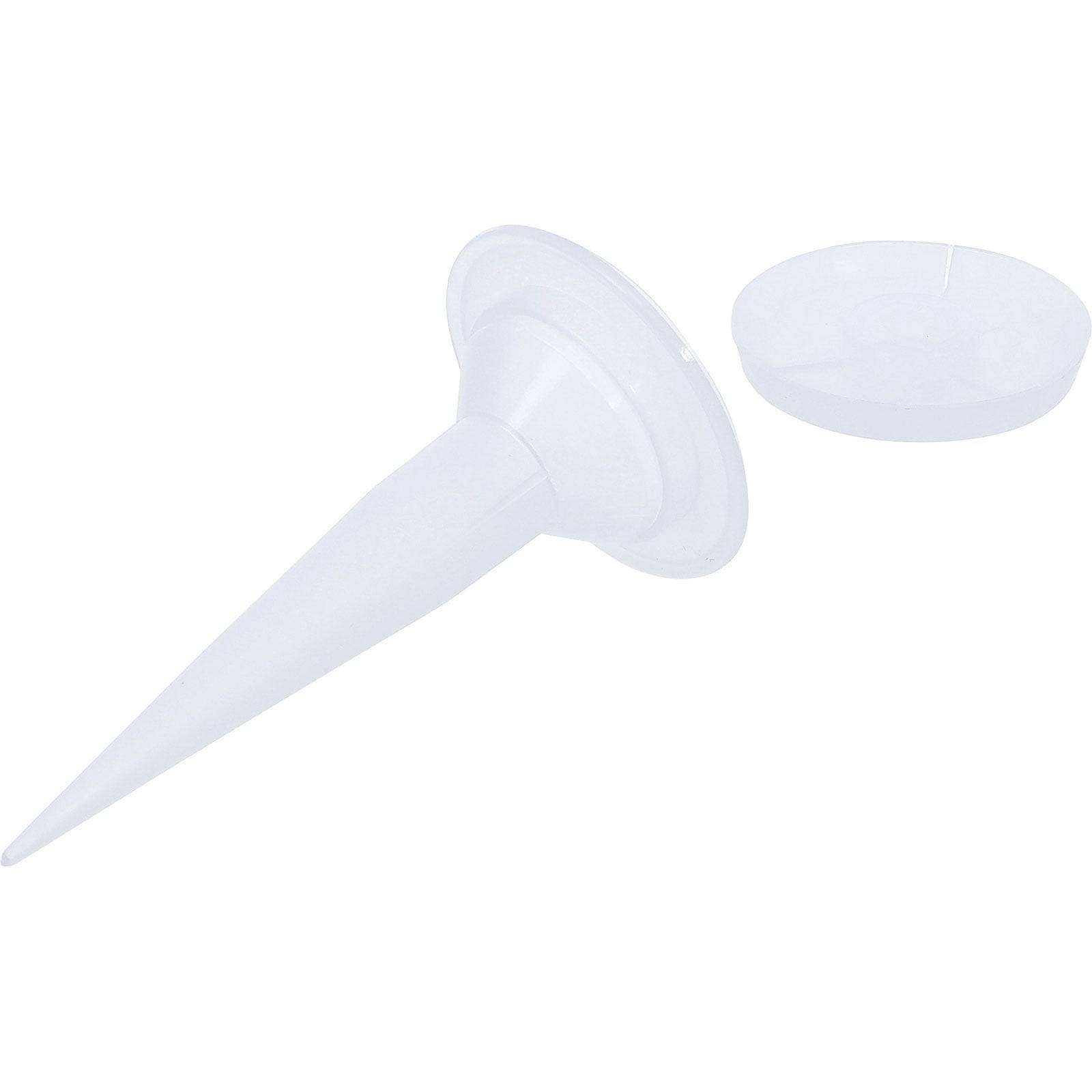 Weißer Plastikdorn mit rundem Fuß, wahrscheinlich verwendet zum Befestigen von Objekten in einem Garten oder im Freien.