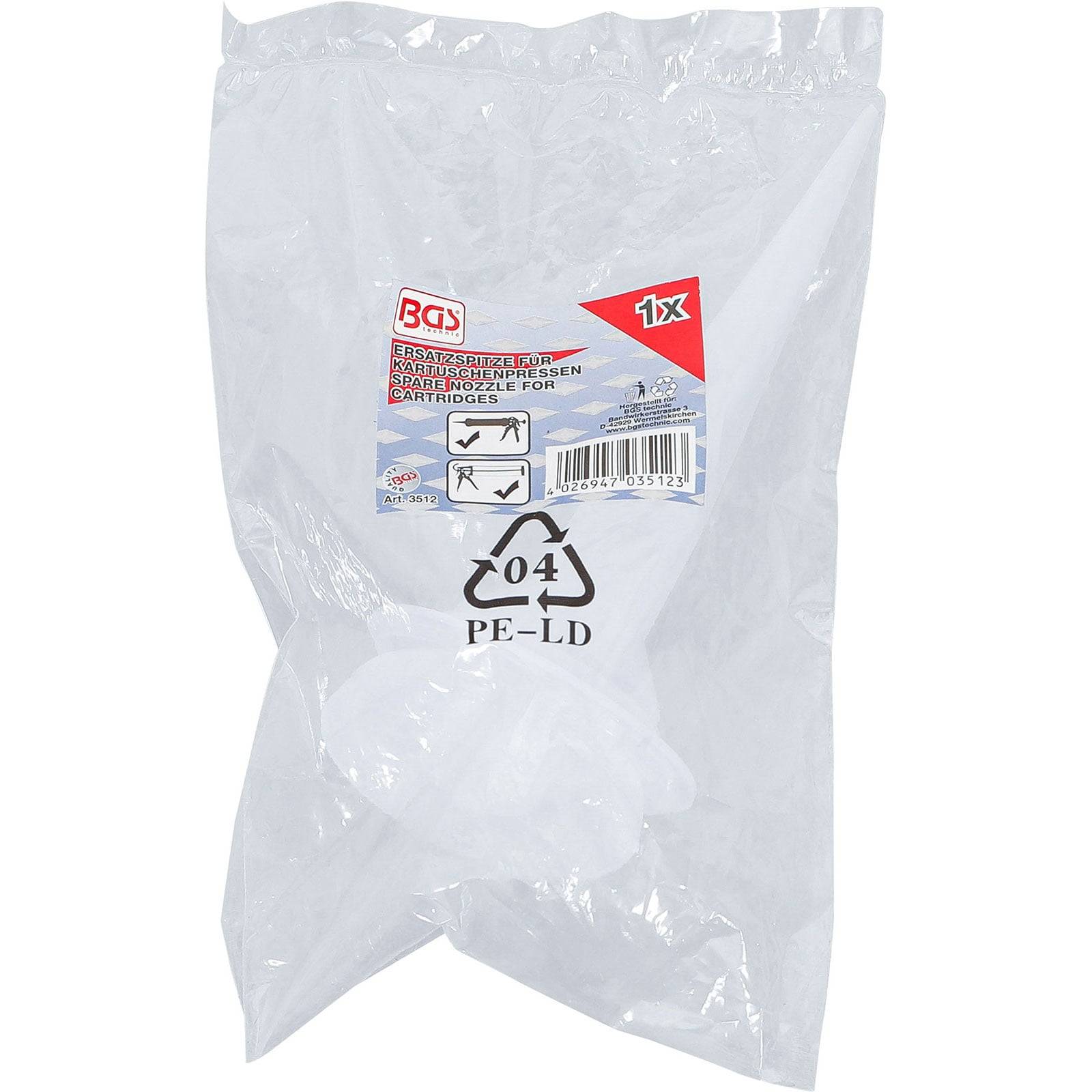Eine durchsichtige Plastiktüte, gekennzeichnet mit einem Recycling-Symbol '04 PE-LD' für Polyethylen niedriger Dichte. Sie ist mit einem roten Etikett verpackt.