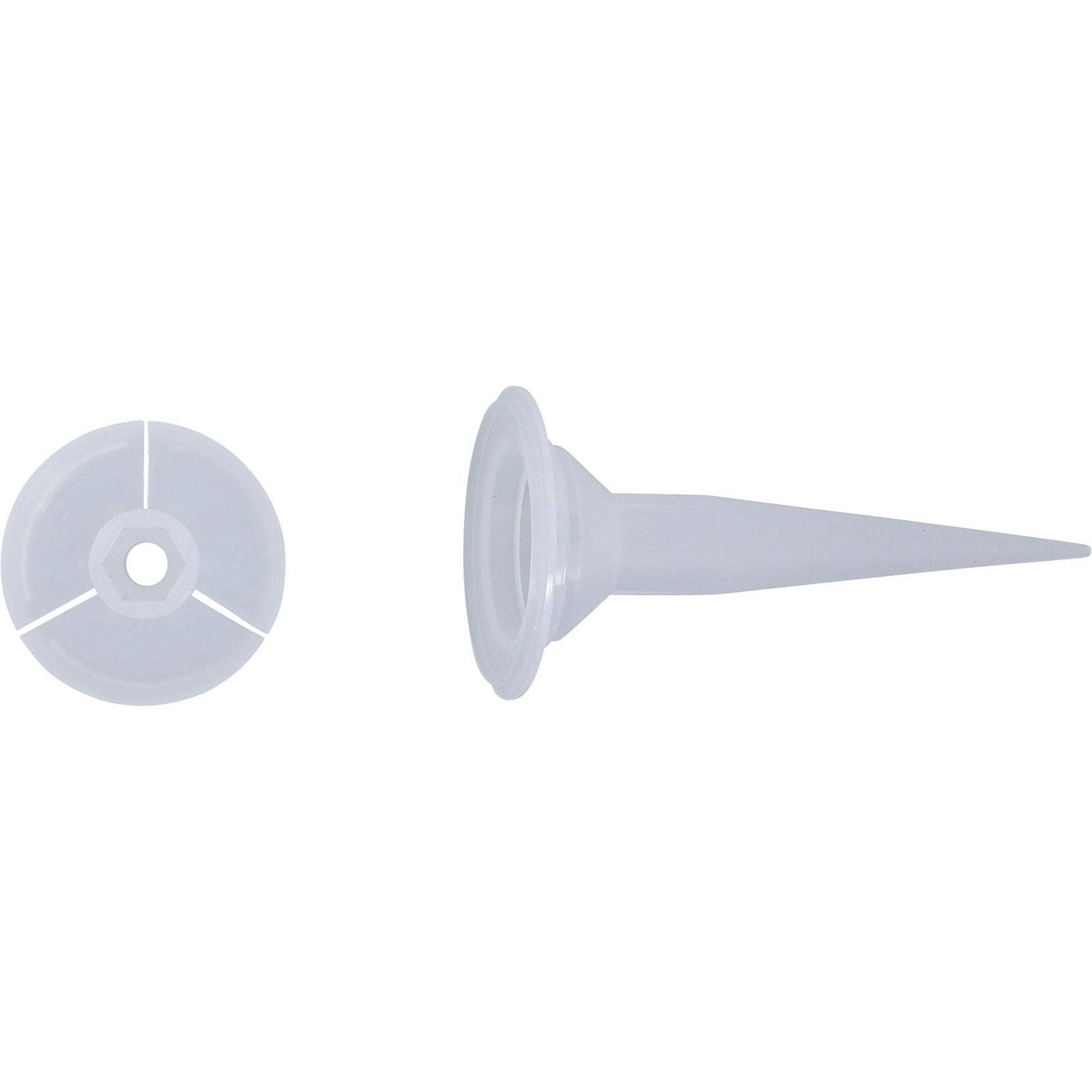 Zwei weiße Plastikspieße, einer im Ganzen mit einer spitzen Spitze gezeigt, der andere eine Draufsicht, die eine kreisförmige Basis mit Querschnittslinien zeigt.