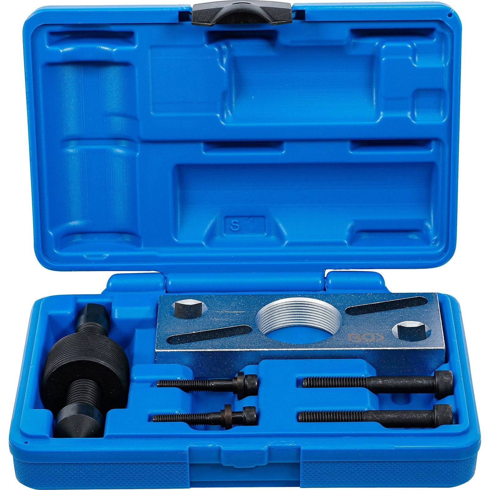 Eine blaue Werkzeugbox enthält einen Ventilfedern-Kompressor-Satz mit verschiedenen Metallkomponenten, die in angepassten Schlitzen angeordnet sind.