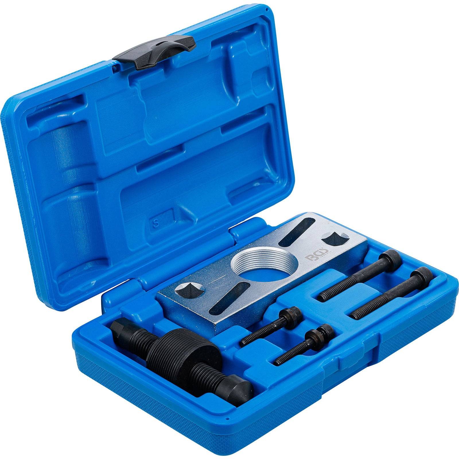 Ein blauer Plastikkoffer, der einen Schwungradabzieher mit verschiedenen Schrauben und einer zentralen Metallkomponente für Motorinstandhaltung und -wartung enthält.