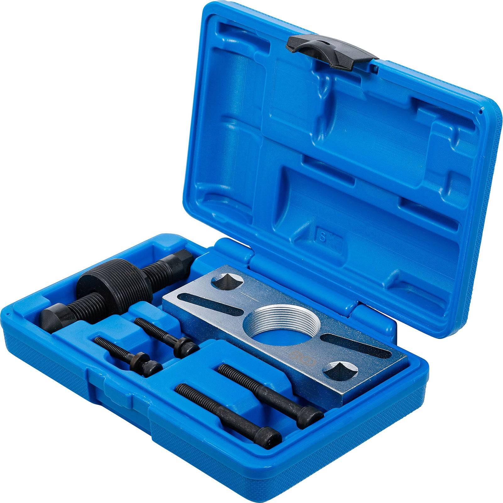 Eine blaue Plastikbox, die einen Abzieher-Satz mit einem zentralen Abzieher, Schrauben und Bolzen enthält, die in geformten Fächern organisiert sind.