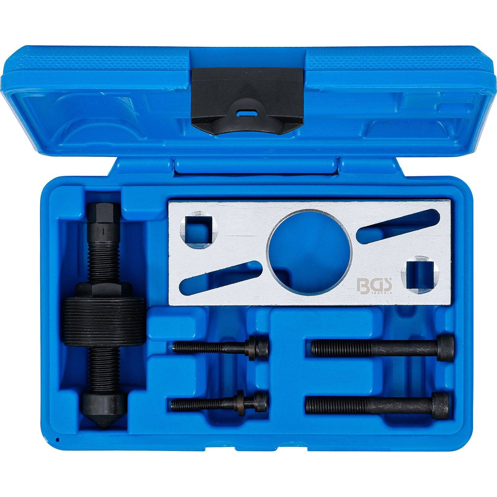 Blauer Plastikkoffer, der einen Kurbelwellenriemenscheibenzieher mit Werkzeugset, einschließlich Schrauben und Metalladapterplatte, ordentlich angeordnet, enthält.