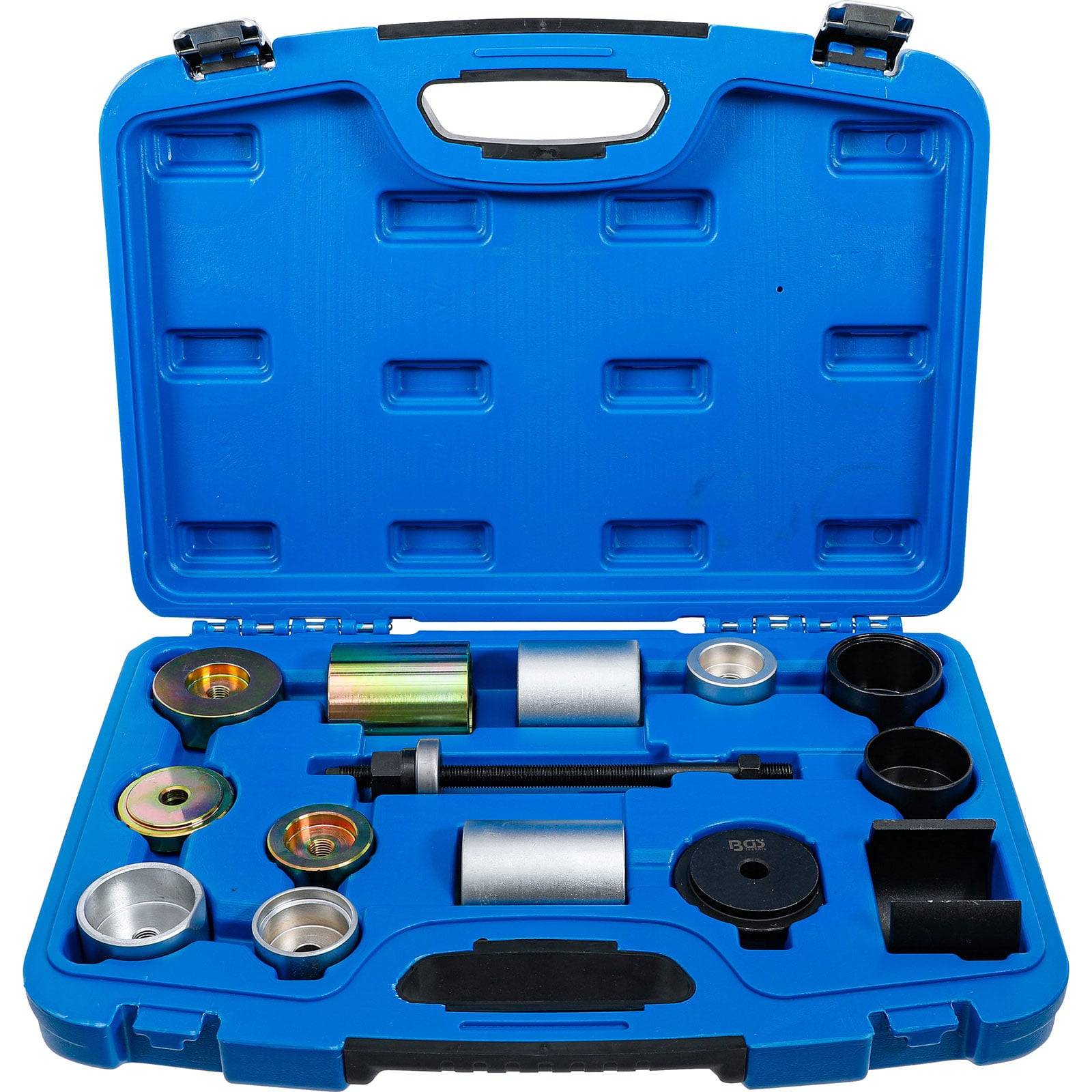 Eine blaue Hartplastik-Transportbox mit verschiedenen Werkzeugen und Adaptern für Kraftfahrzeuge, in geformten Fächern zur Organisation von Reparaturaufgaben geordnet.