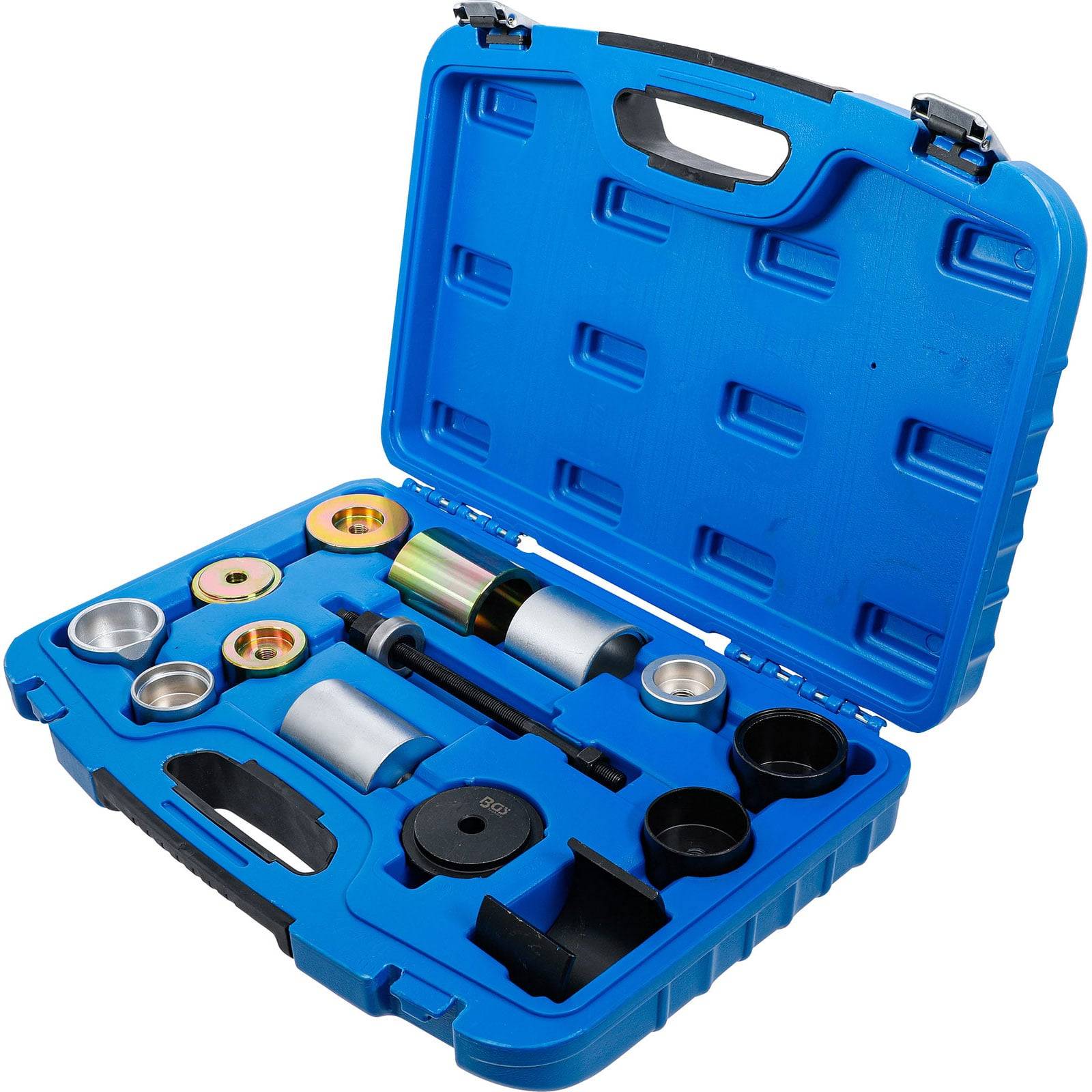 Eine blaue Plastikbox ist geöffnet und zeigt einen Satz von Metallautowerkzeugen, die sorgfältig in Fächern angeordnet sind.