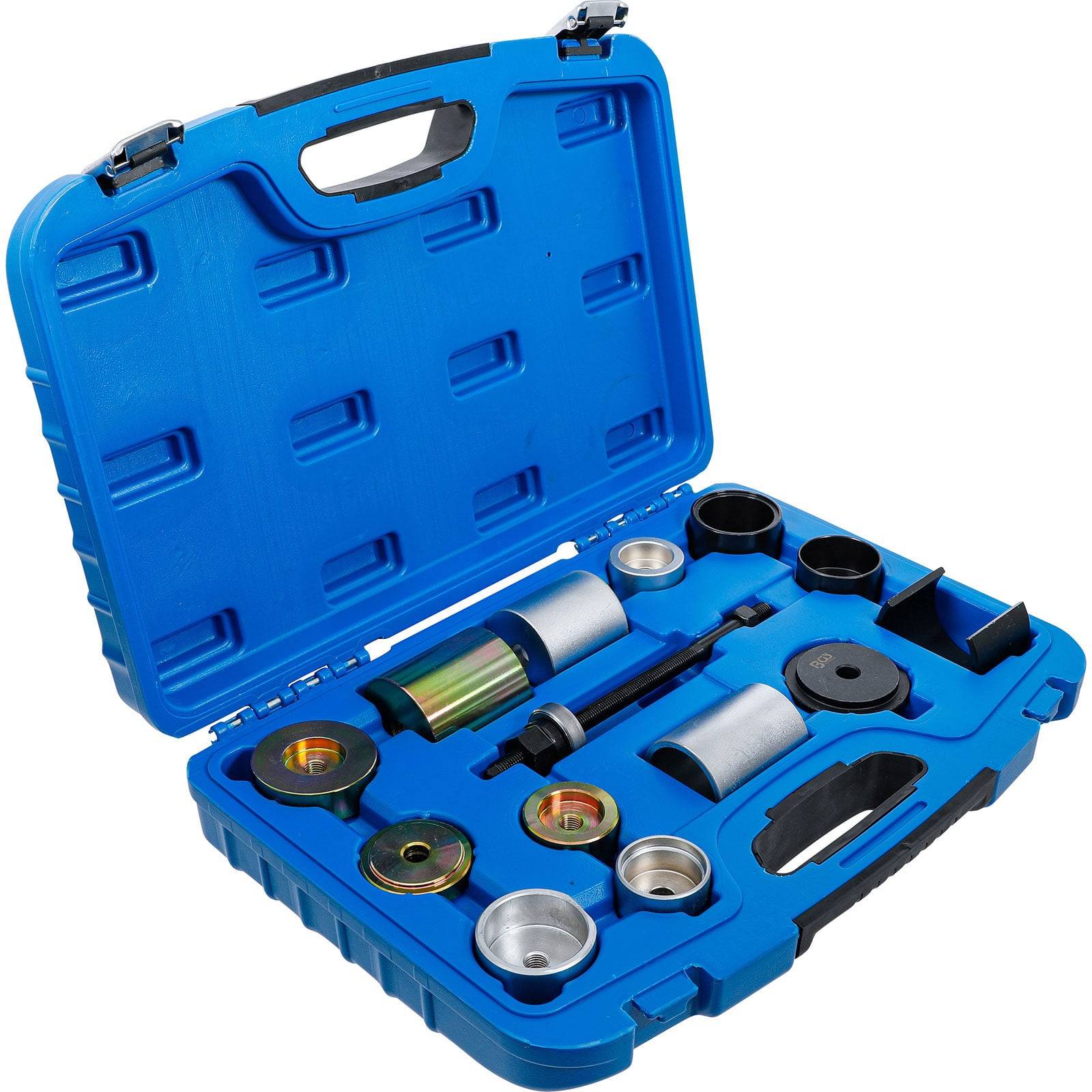 Eine blaue Plastikbox, die verschiedene Metallautoreparaturwerkzeuge enthält, darunter Zylinder und Stangen, die ordentlich in vorgesehenen Fächern sortiert sind.