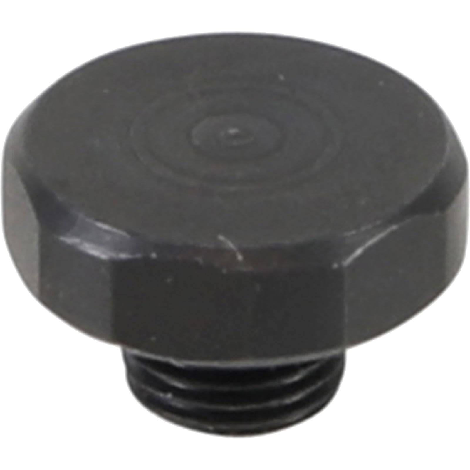 Ein rundes, schwarzes Metallsechskantpropfen mit gewindeter Unterseite, das als Dichtungselement in mechanischen Anwendungen verwendet wird.