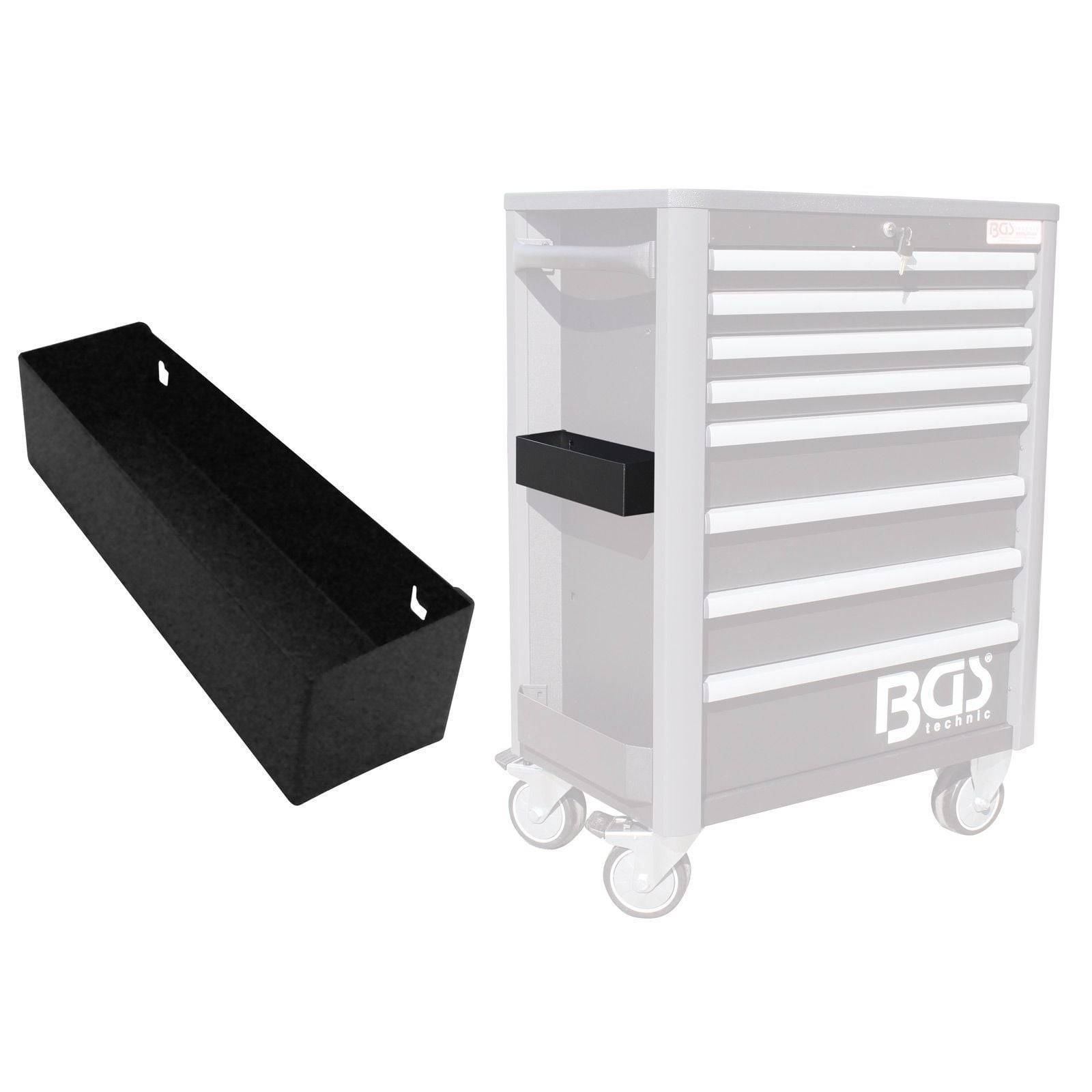 Schwarze Aufbewahrungsbox-Anbringung für einen weißen Werkzeugwagen mit Rollen.
