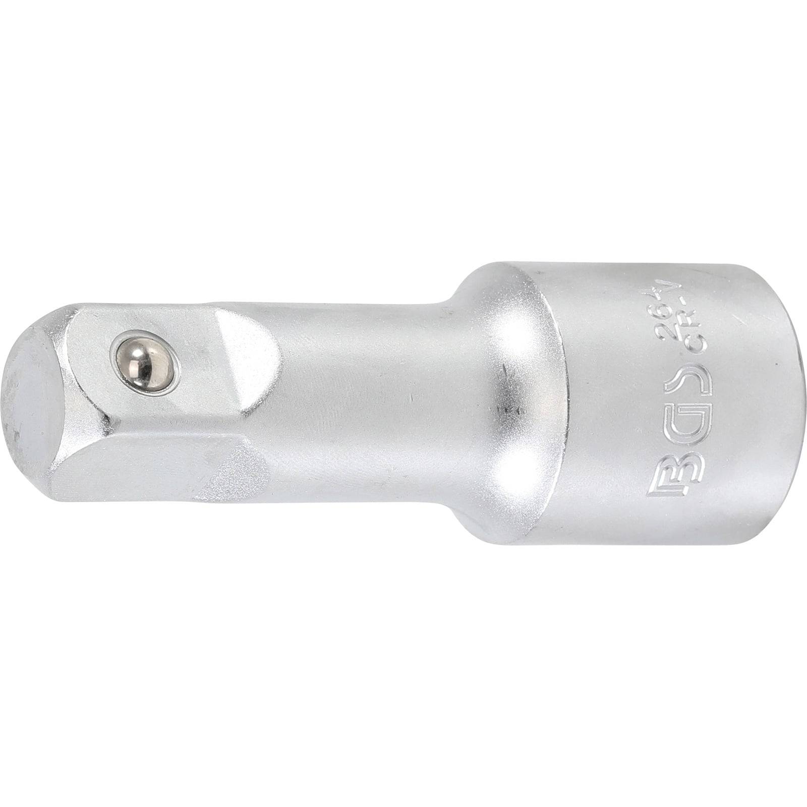 Ein Metallsteckadapter mit sechseckigem Ende und quadratischem Antrieb, der üblicherweise zum Anbringen von Stecknüssen an Werkzeugen verwendet wird.