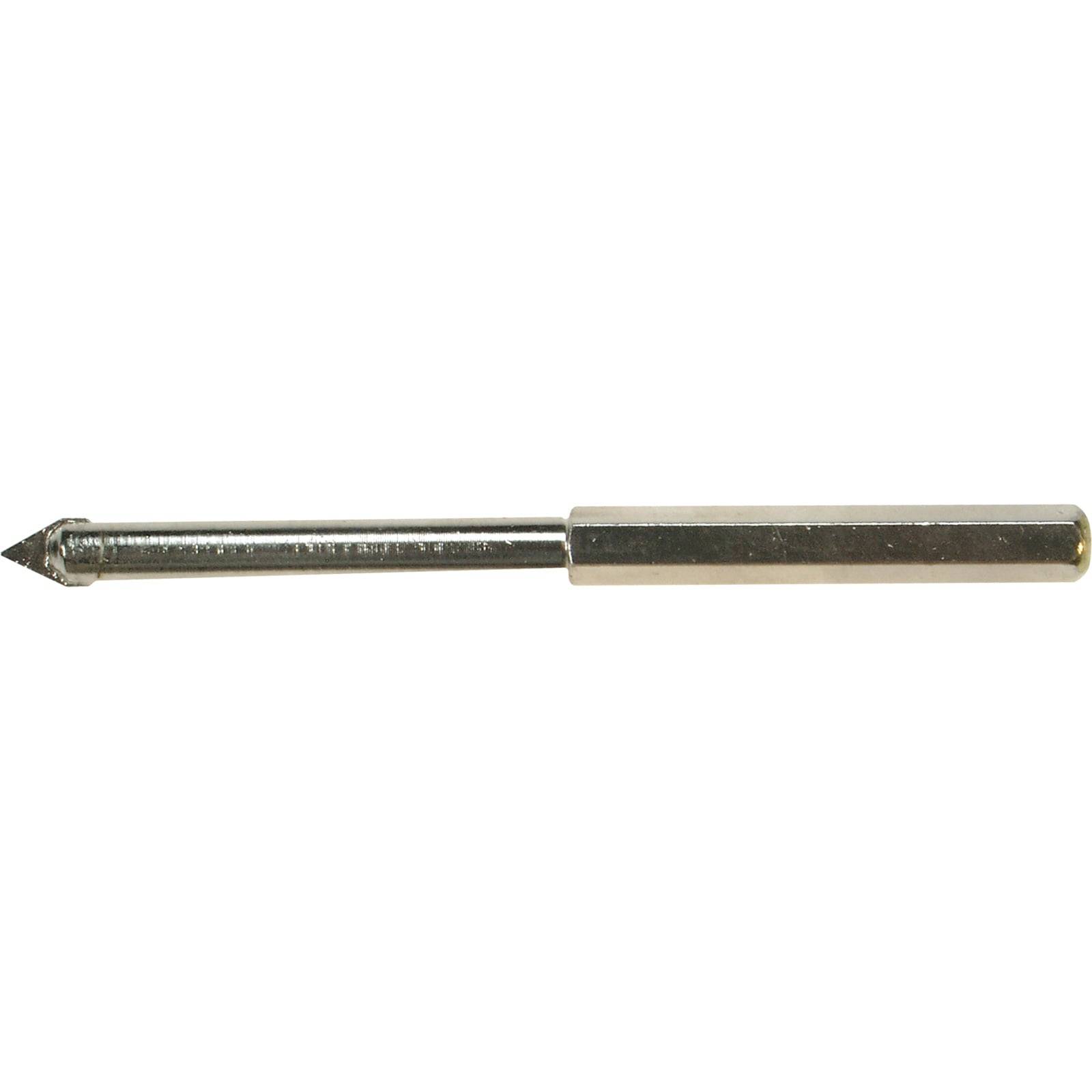 Ein Metallbohrer mit einer spitzen Spitze und sechskantigem Schaft, geeignet zum Bohren in harte Materialien.