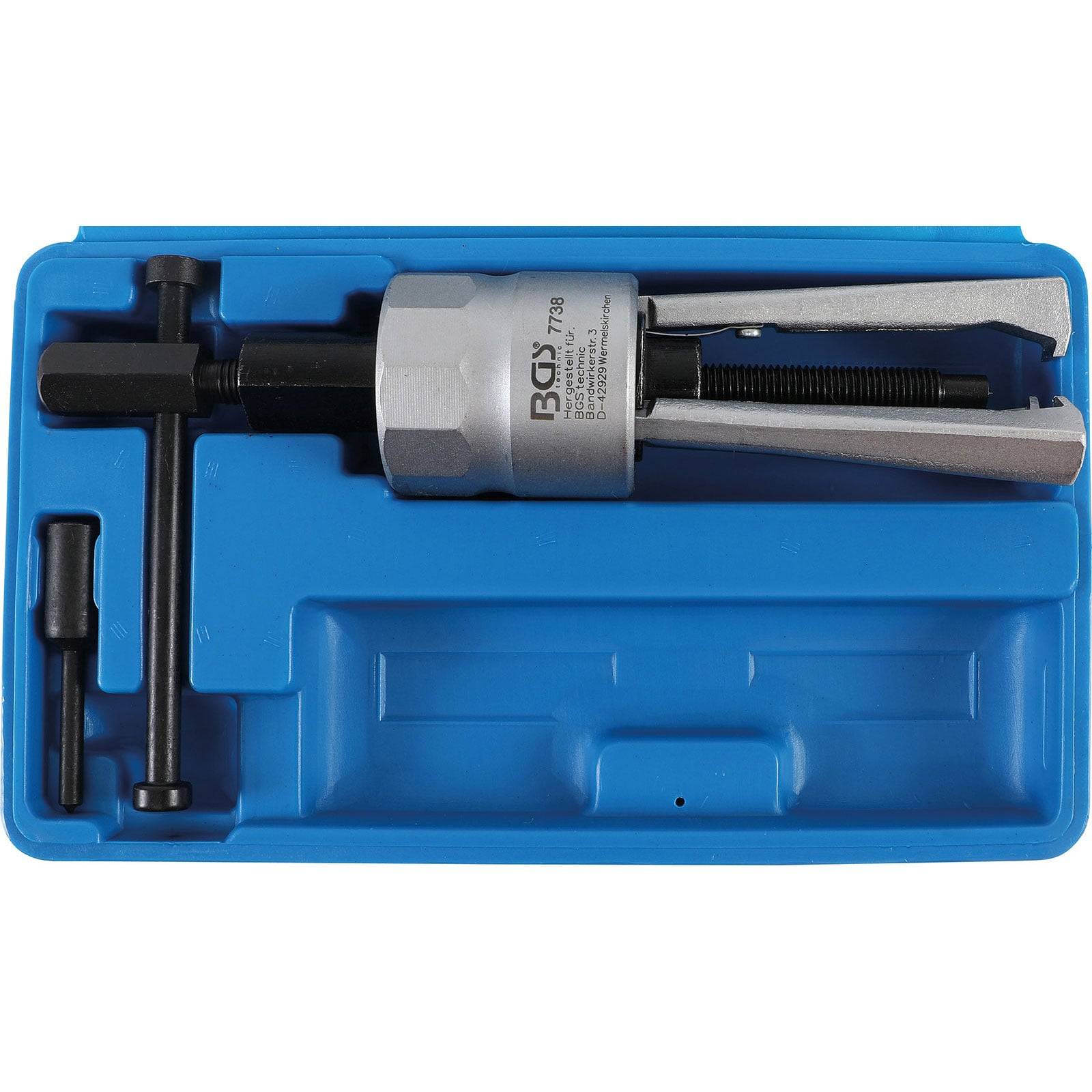 Ein Lagerabzieher-Set in einem blauen Kunststoffkoffer mit organisierten Fächern für jede Komponente. Das Werkzeug wird zum Herausziehen von Lagern verwendet.