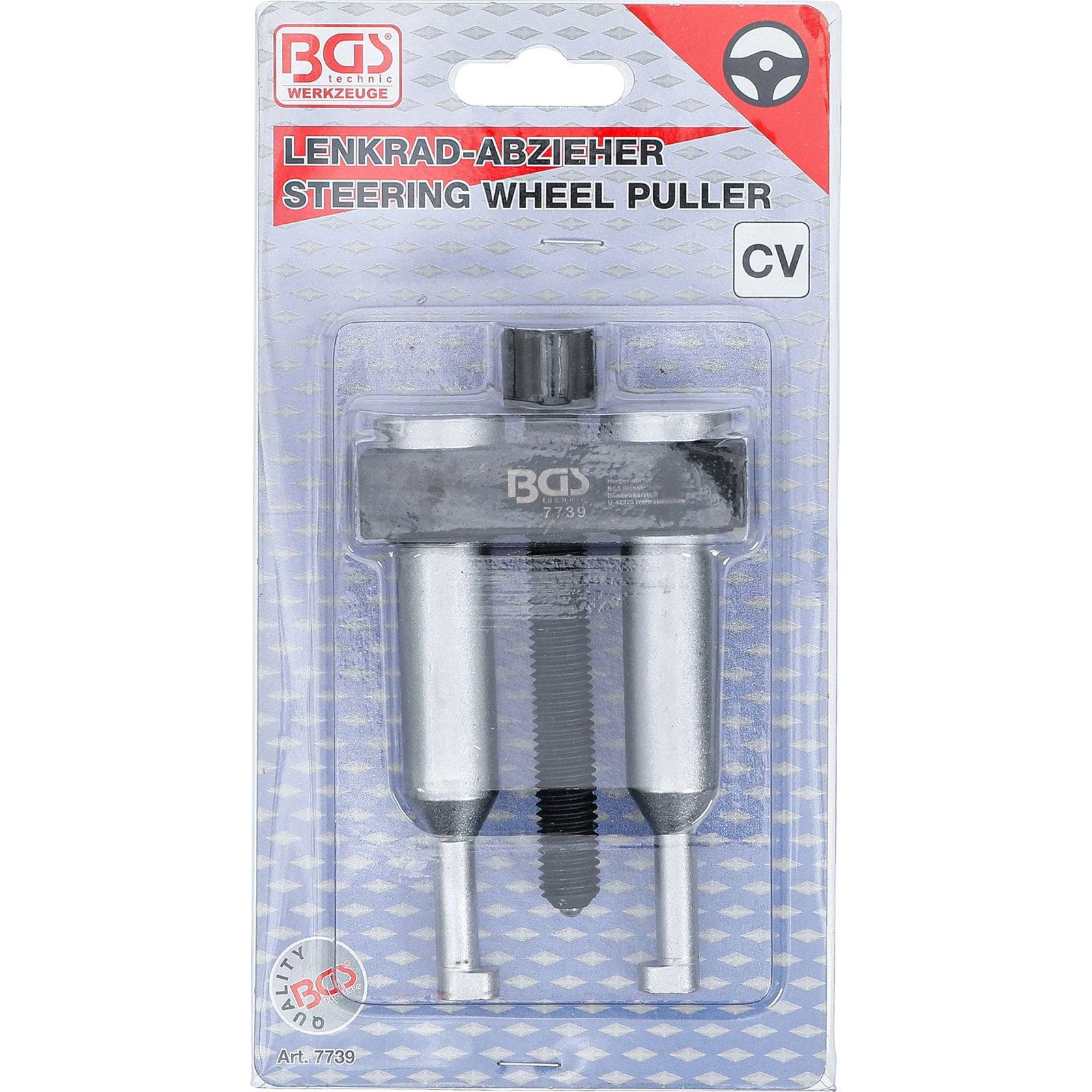 Lenkradabzieher-Satz mit einem Werkzeug zum Abnehmen von Lenkrädern. Enthält einen Griff und zwei Gewindeschrauben. Produktmarke sichtbar.