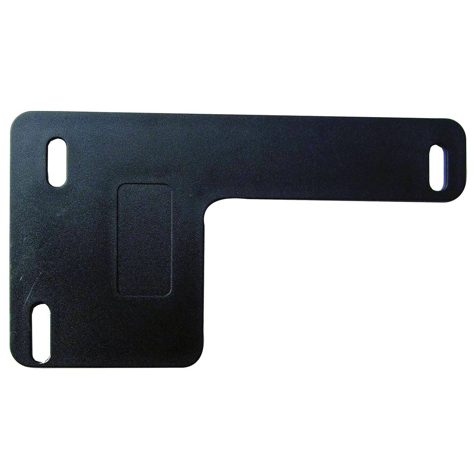 Eine schwarze, L-förmige Montageklammer mit drei ovalen Löchern zur Befestigung, die zum Sichern von Komponenten dient.