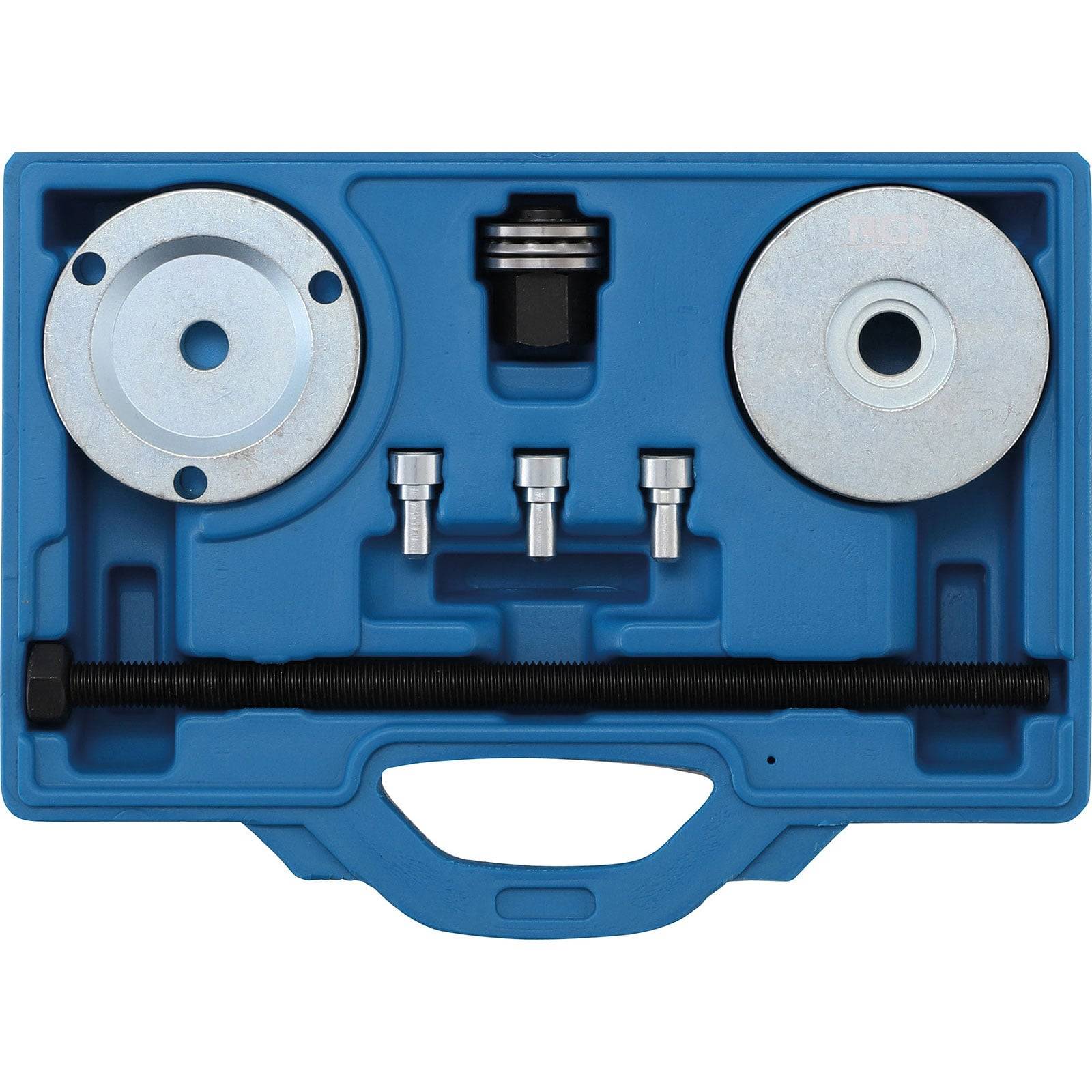 Ein blauer Werkzeugkoffer, der kreisförmige und zylindrische Metallwerkzeuge für automotive oder mechanische Arbeiten enthält, mit einem Griff am unteren Ende.