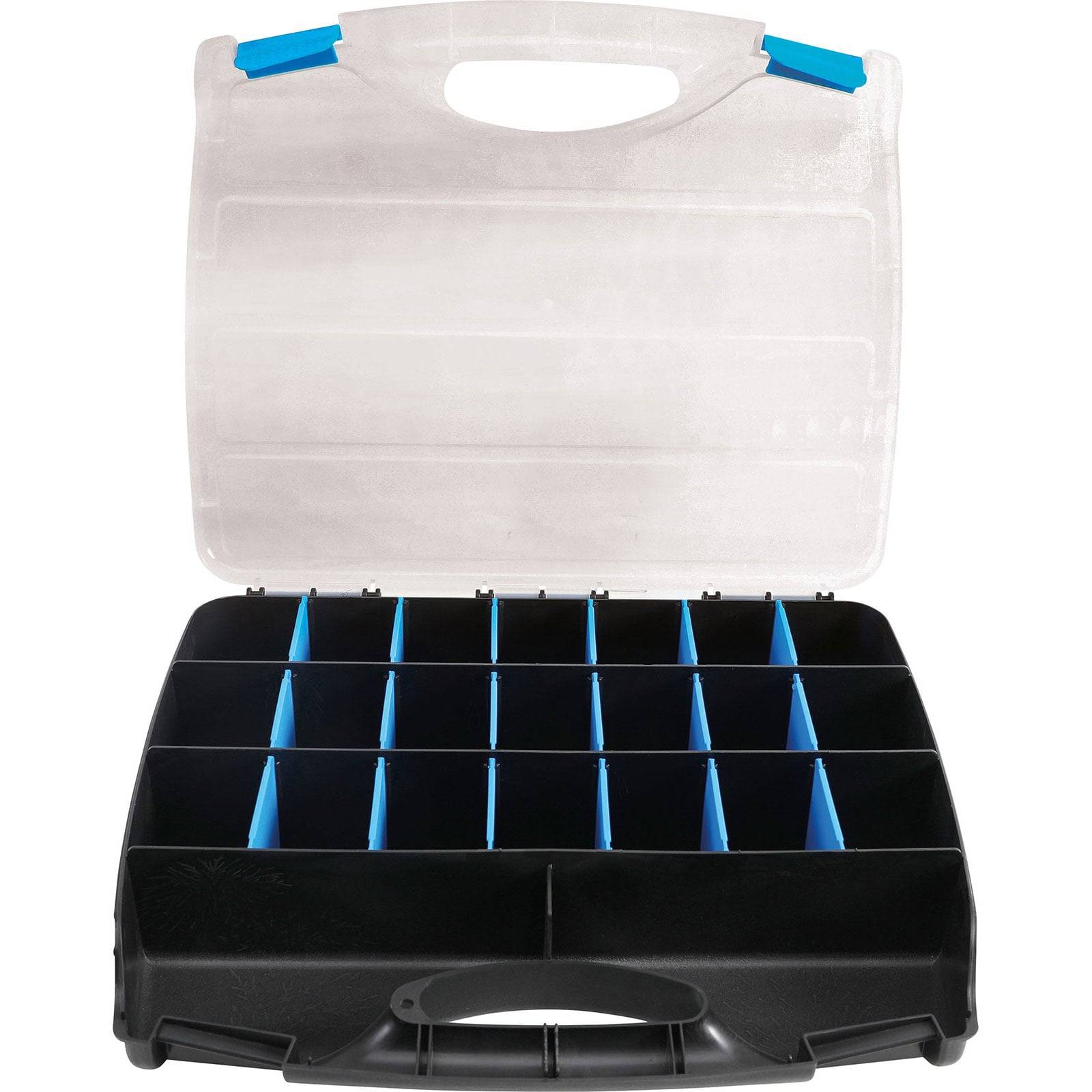 Ein durchsichtiger Kunststoffbehälter mit Griff, geöffnet, um das schwarze Innere mit mehreren kleinen Fächern, die mit blauen Trennwänden ausgestattet sind, zu enthüllen.