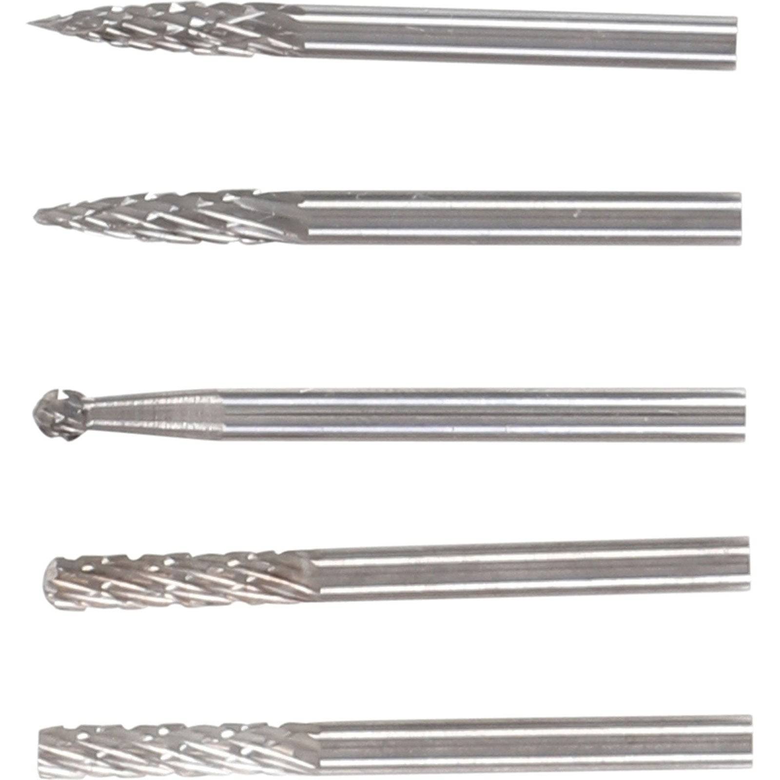 Ein Satz von fünf Rotationsfräsern mit unterschiedlichen Formen und Schnittmustern, die für präzise Metall- oder Holzbearbeitung verwendet werden.
