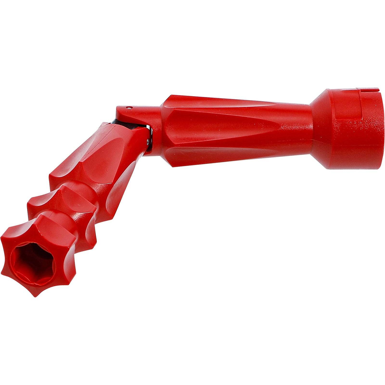 Ein roter flexibler Trichter mit sechseckiger Öffnung und segmentiertem, verstellbarem Hals zum Lenken des Fluidflusses in verschiedenen Winkeln.